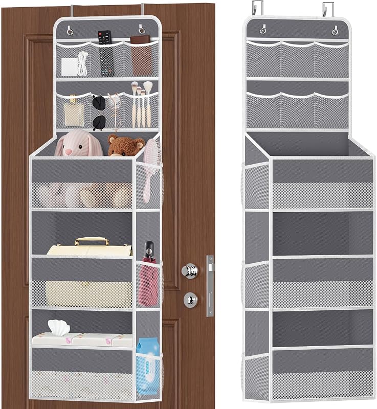 SpaceHacks 5-Tier Over the Door Organizer with Mesh Pockets, Dark Grey | 6 mesh pockets, 3 compartments, adjustable hooks, fits most doors, nursery, closet, bathroom, closet and nursery storage