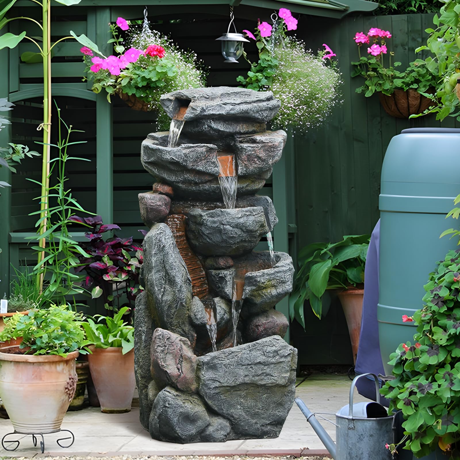 Bumilgar 5-stufiger Felsen-Springbrunnen für Innen- & Außenbereich, 80 cm hoher freistehender Garten-Brunnen mit Beleuchtung, Stein-Wasserfall für Terrasse, Balkon, Veranda, Wohnkultur, Grau