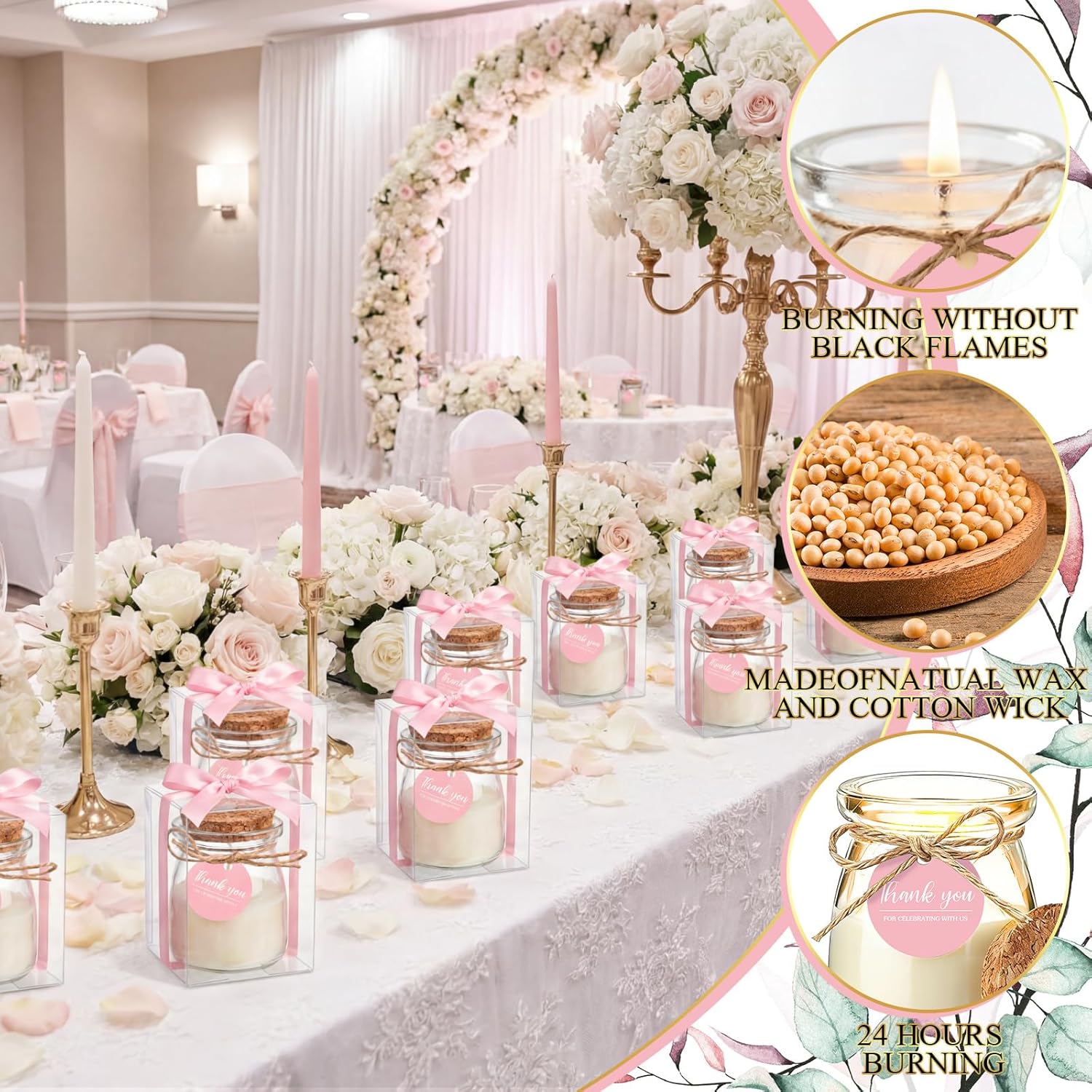 MTLEE 20 Sets Pink Wedding Candle for Guests Pink Thank You Candles Gift Bulk Glass Jars Scented Soy Wax with Clear Gift Box for Bridesmaid Groomsman Bridal Shower Housewarming Party Favors