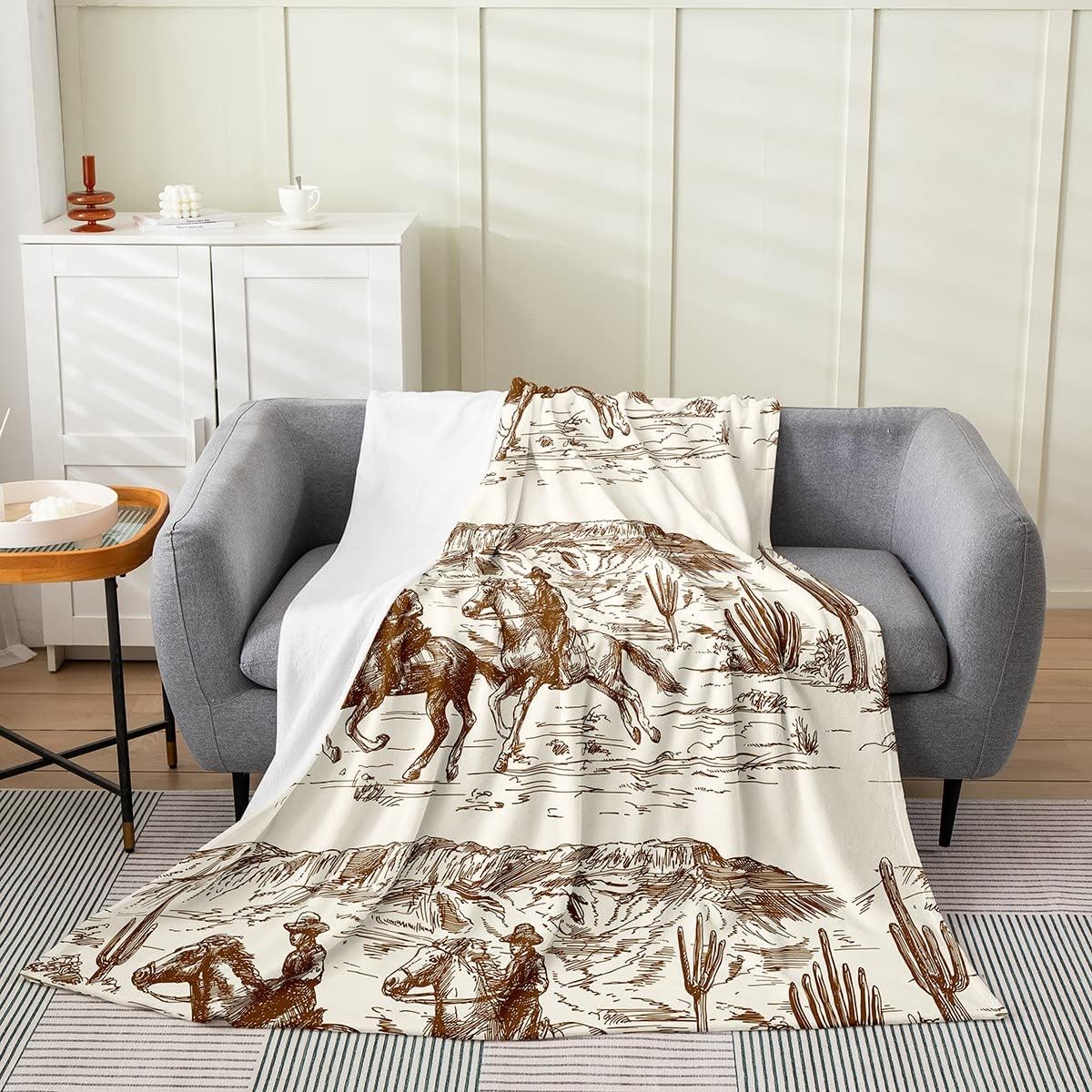 Erosebridal Western Blanket Queen Inch Cowboy Throw Blanket American Wild West Desert Hand Drawn Illustration Fleece Blanket Country Theme Bedroom Decor Fuzzy Blanket for Boys Men Teens