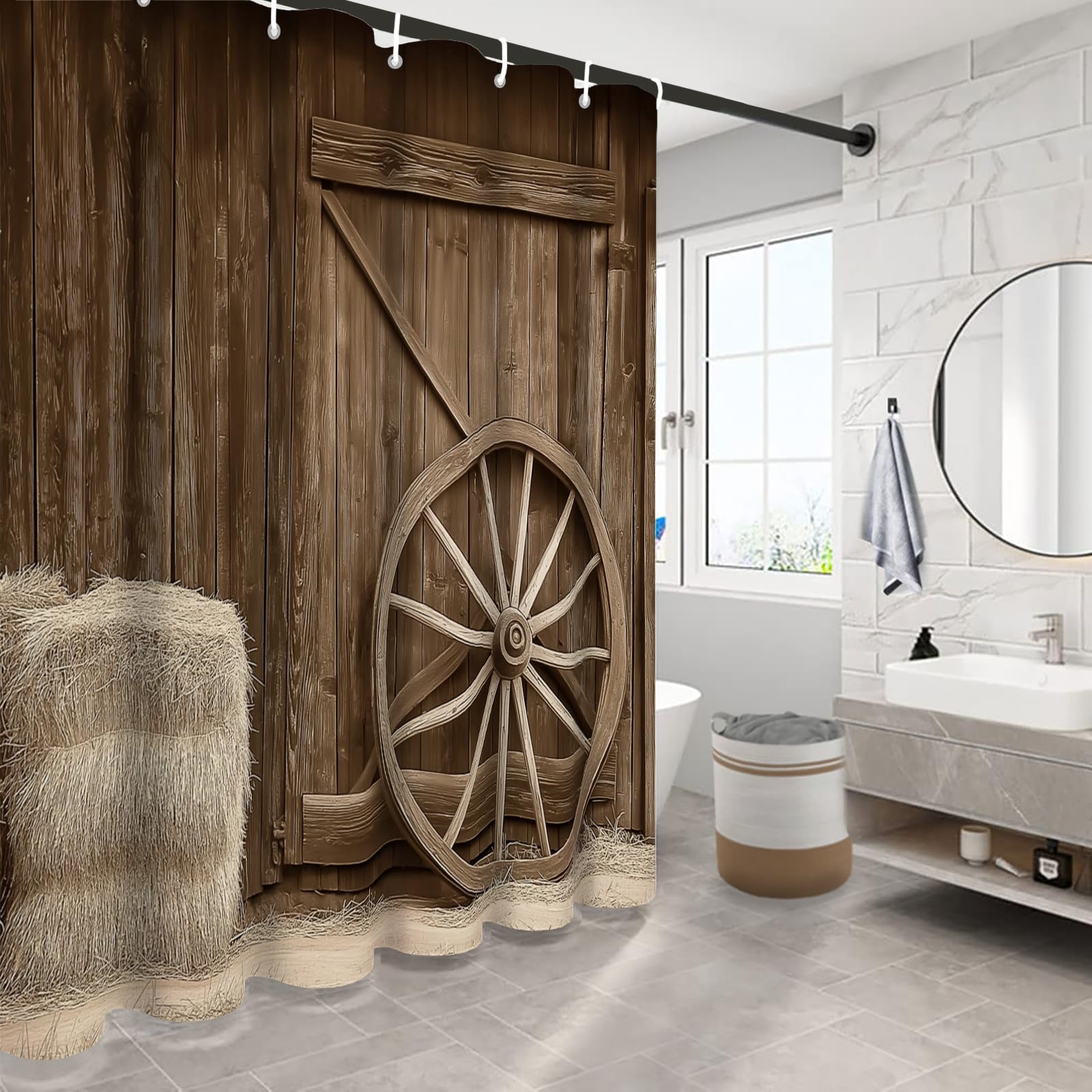 Rideau de Douche Porte En Bois À Roulettes Polyester Anti Moisissure Lavable Imperméable Tissu Rideaux de Douche Crochets en C Bâtiments Agricoles Salle de Bain Domicile Baignoire Cabine,Hôtel Tanné