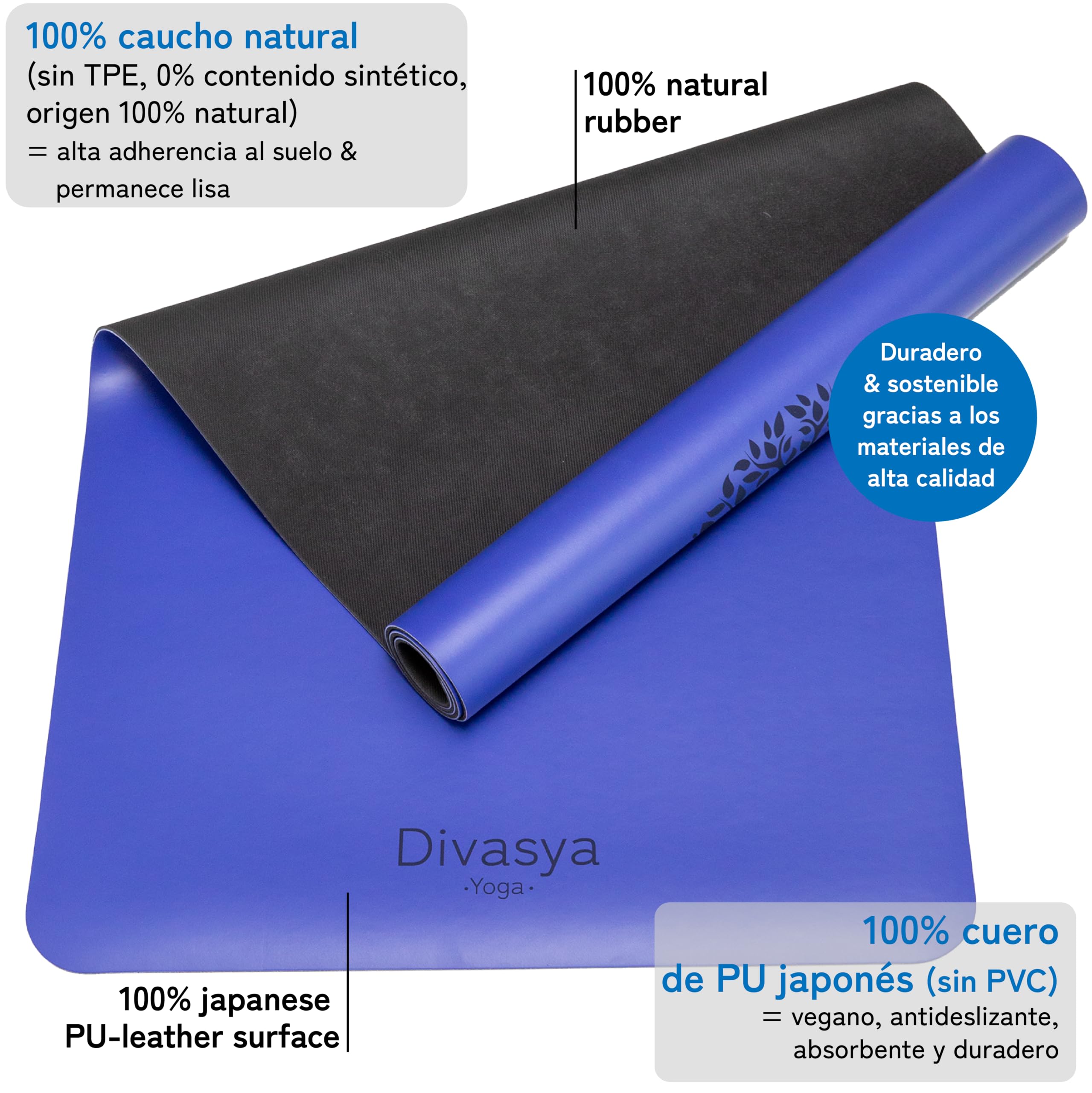 esterilla yoga antideslizante caucho natural, esterilla yoga gruesa máximo agarre, colchoneta yoga, extra ancha y gruesa (185x68x0,45cm), con correa de transporte, pilates