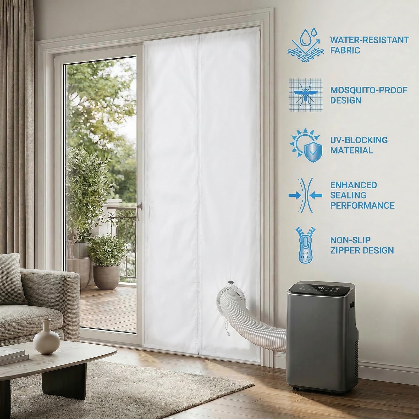Qoosea Kit de Sellado para Puertas y Ventanas Aire Acondicionado Portátil - 90x210cm con Ojal de Cordoncillo e Incluye 7m de Cinta Adhesiva, para Puertas Correderas y Ventanas