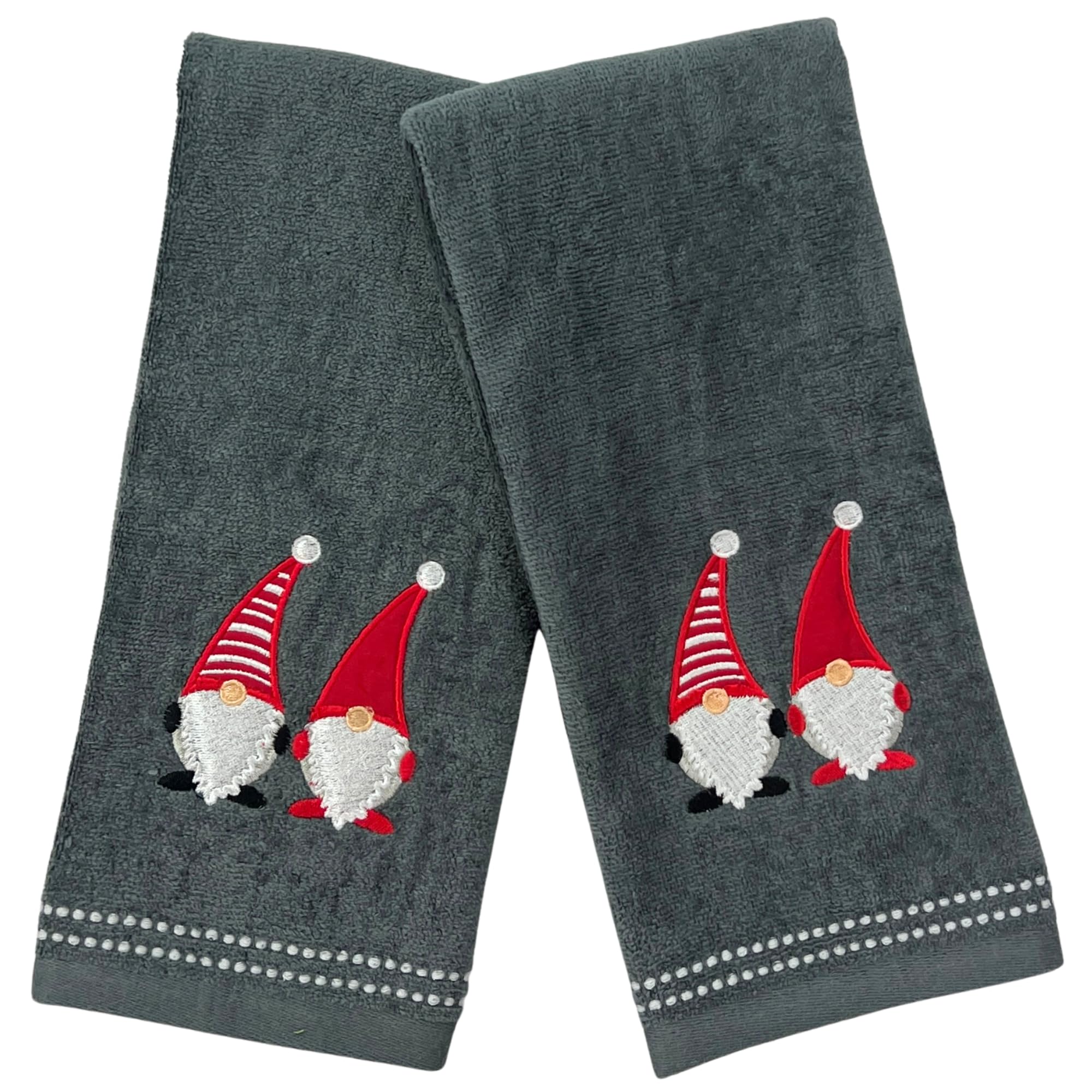 Serafina Home Christmas Gnomes Towel Set: Dark Grey Hand Towels with Red White Embroidery Jolly Nordic Gnome, Set of 2