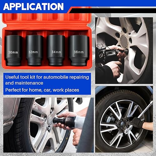 Miniatura 6 de DASBET Juego de dados de impacto profundo de 1/2 pulgada, 4 piezas, juego de llaves de impacto de eje profundo de alta resistencia, 12 puntos,