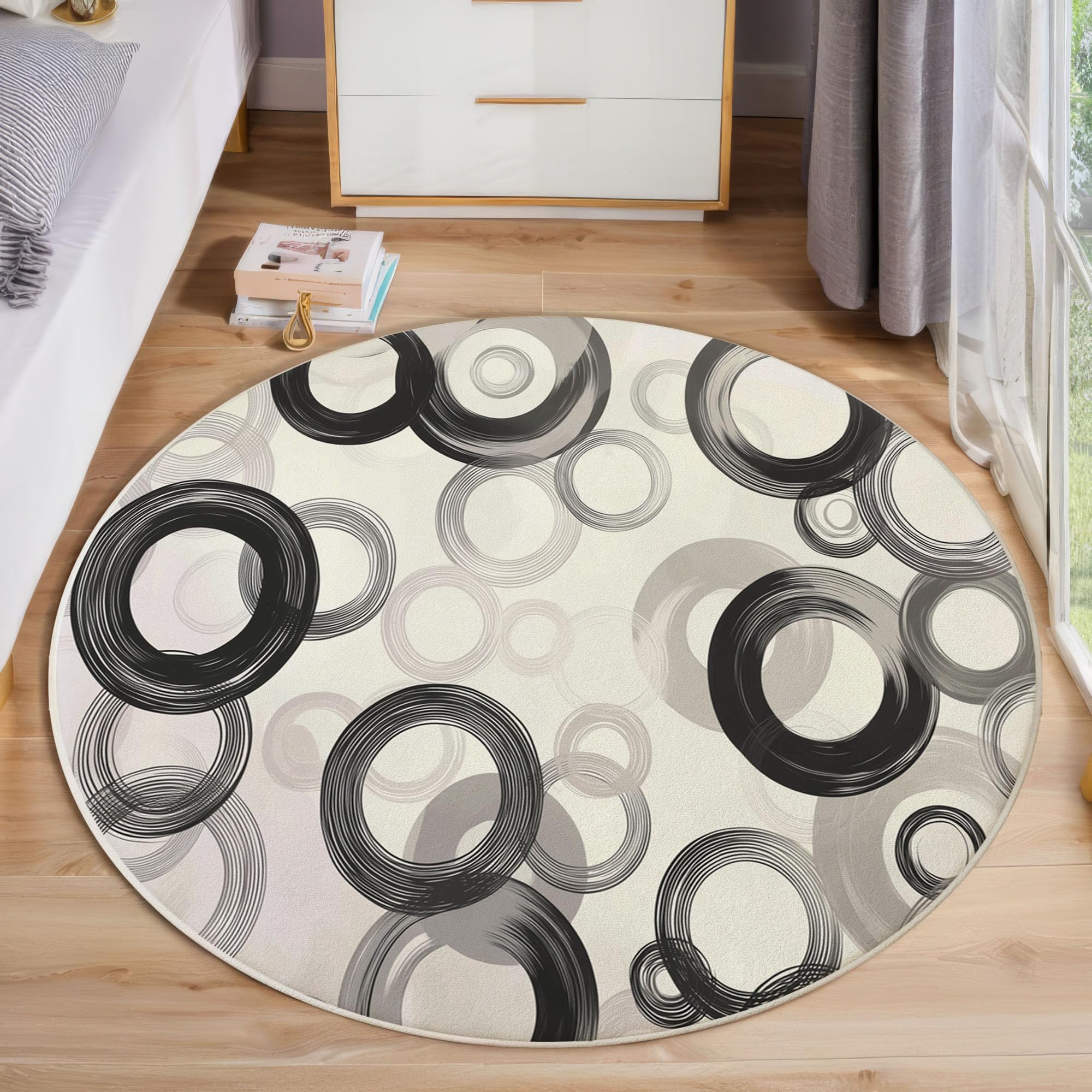 Tapis de salon à poils courts rond 60cm gris lavable motif abstrait noir