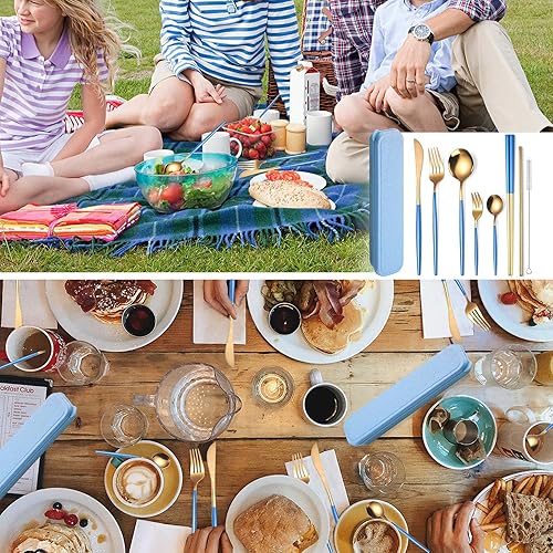 Miniatura 12 de AARainbow Juego de cubiertos de acero inoxidable de 8 piezas, portátil, reutilizable, juego de utensilios de viaje, incluye palillos, cuchillo