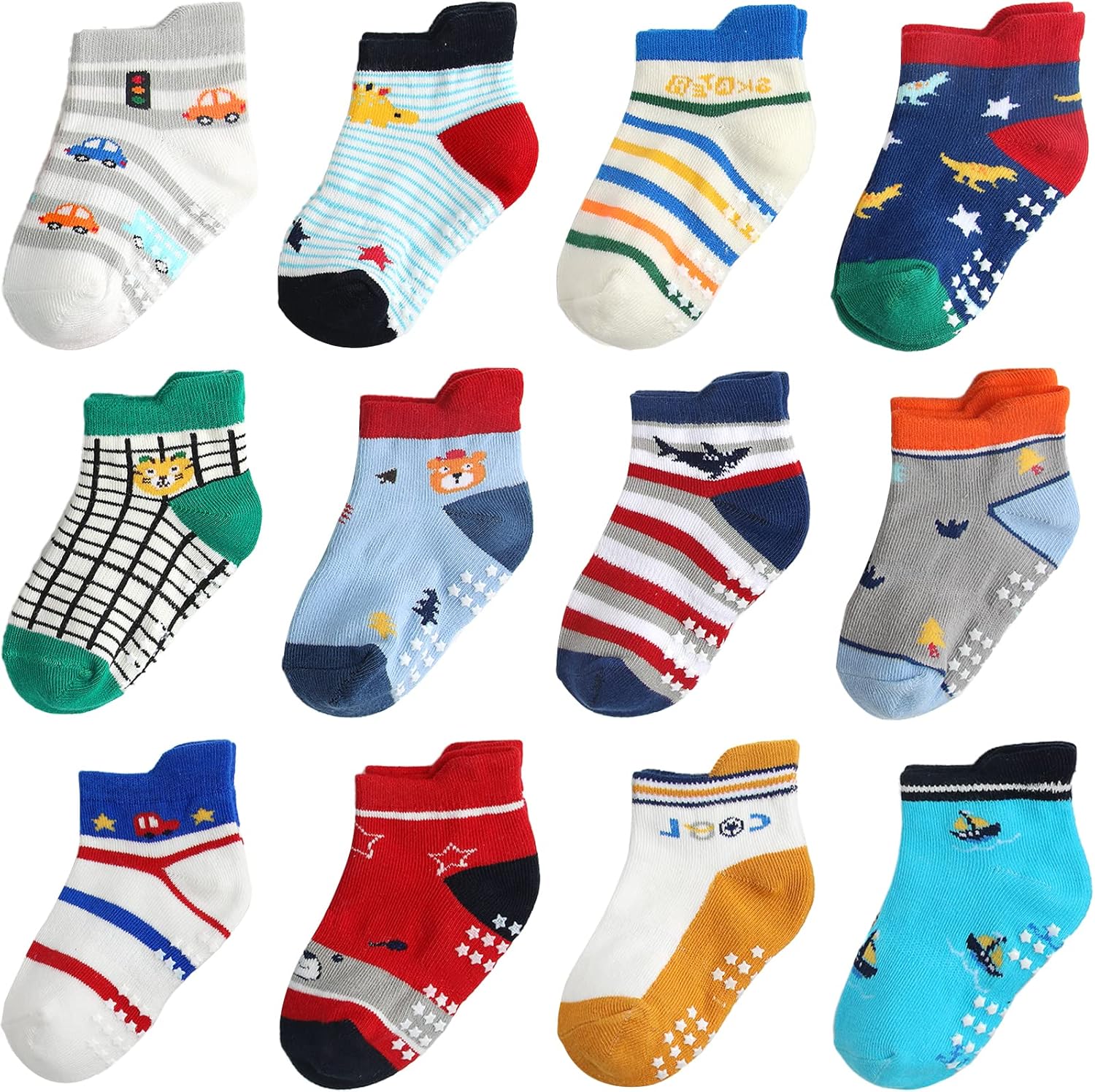 Toddler Socks Non Slip Grip Cute Cotton Baby Socks 12 Pack for Toddler Boys Girls Kids 6-12 Months C14