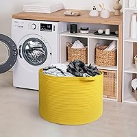 Vista 7 de Cesta amarilla extragrande, 22 x 22 x 14 pulgadas, cuerda de algodón, decoración amarilla para sala de estar, dormitorio, cesta tejida para manta