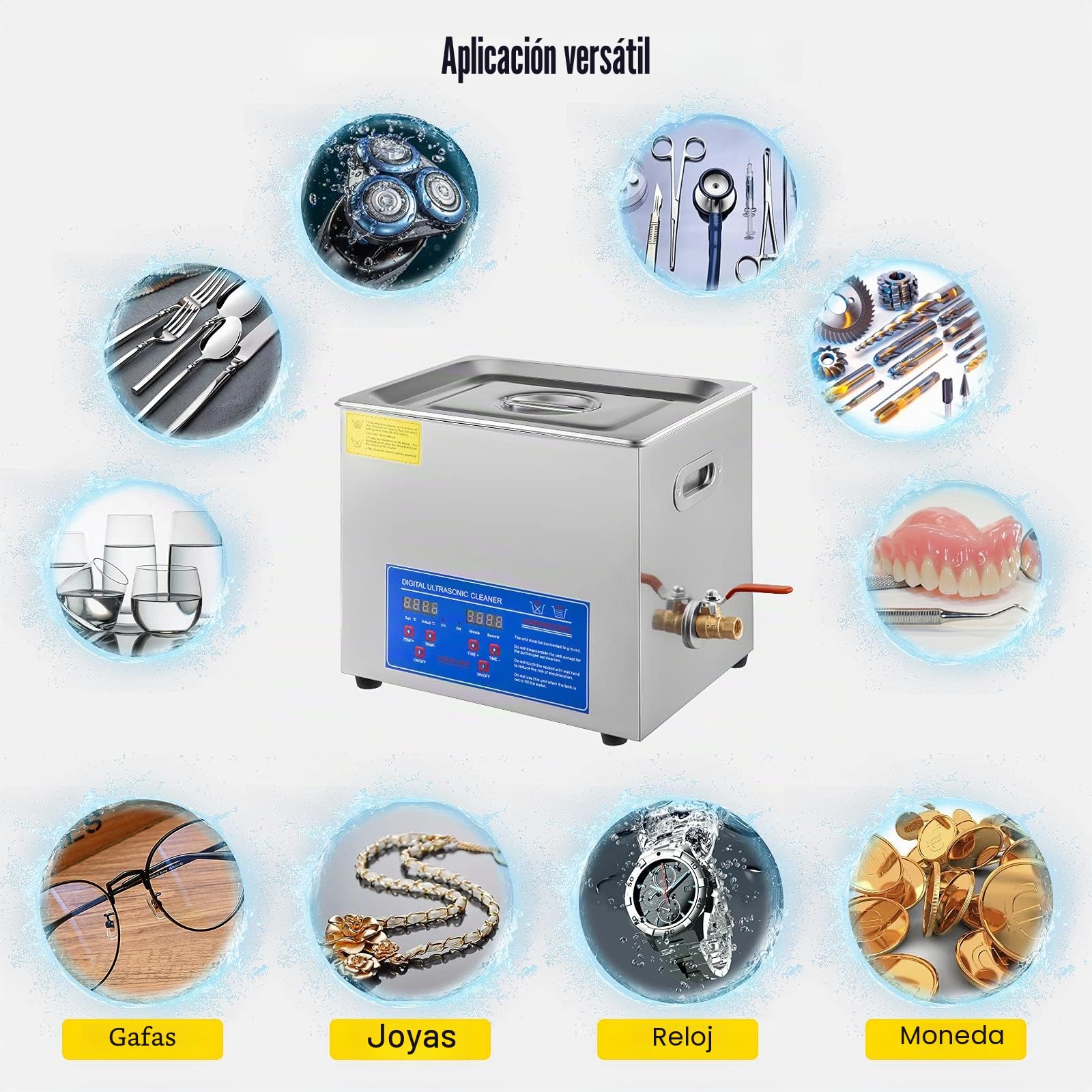 Limpiador Ultrasónico 10L, 240W Limpiador Ultrasonidos Profesional de Acero Inoxidable, Máquina de Ultrasonido con Temporizador Digital, Temperatura Ajustable, para Joyas, Relojes