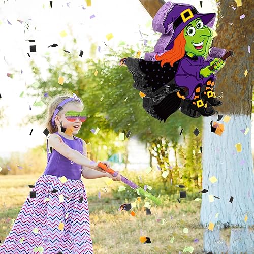 Miniatura 6 de Aoriher Piñata de bruja de Halloween, decoración de Halloween, piñata con palo vendados y confeti, piñata rellena de caramelo para Halloween, fiesta