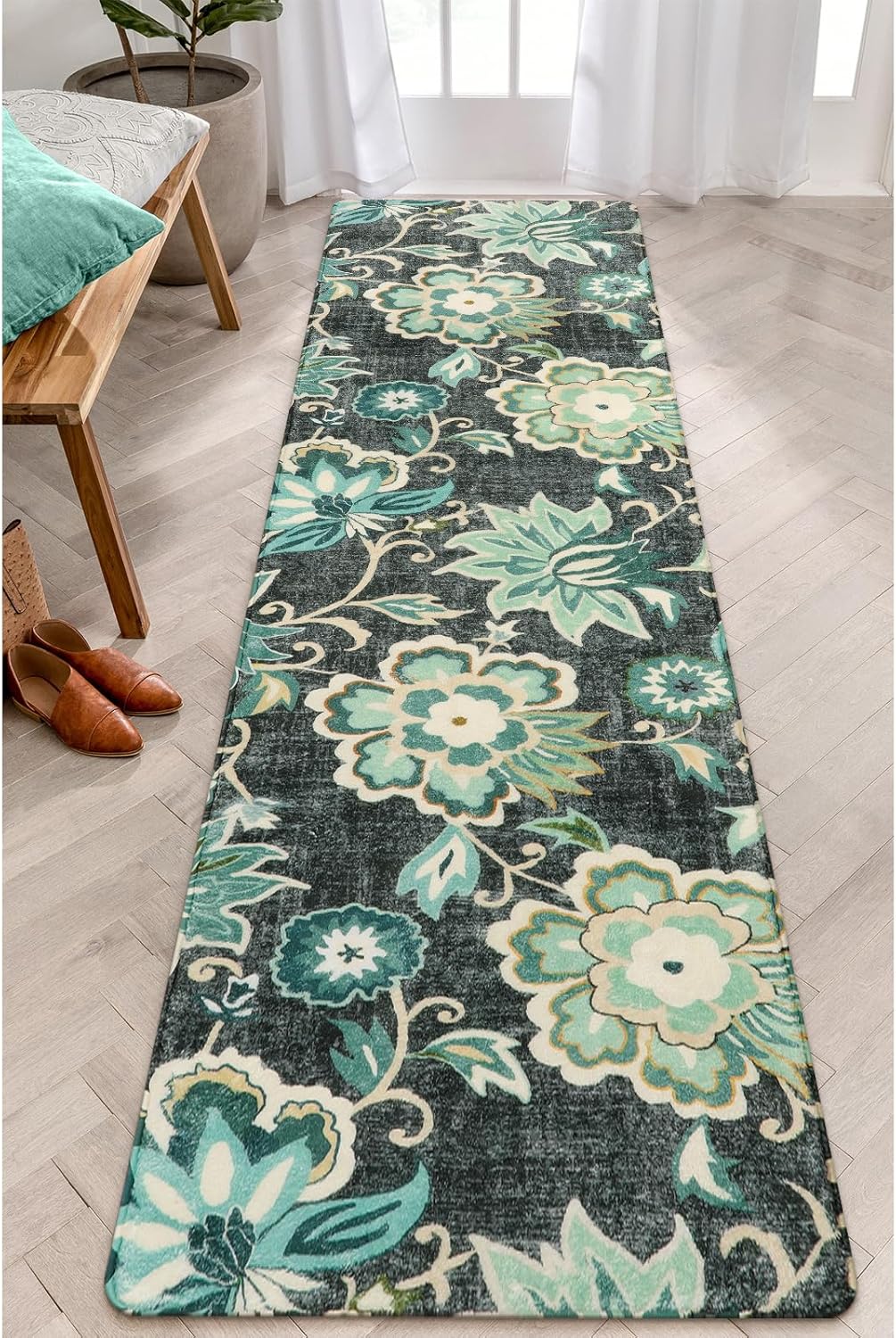 Lahome Floral Runner Rugs for Hallway 2x8 - Washable Non-Slip Kitchen Rug Runner Throw Soft Low-Pile Entryway Runner Rugs, Boho Blue Paisley Print Carpet Runner for Bedroom Laundry Living Ro