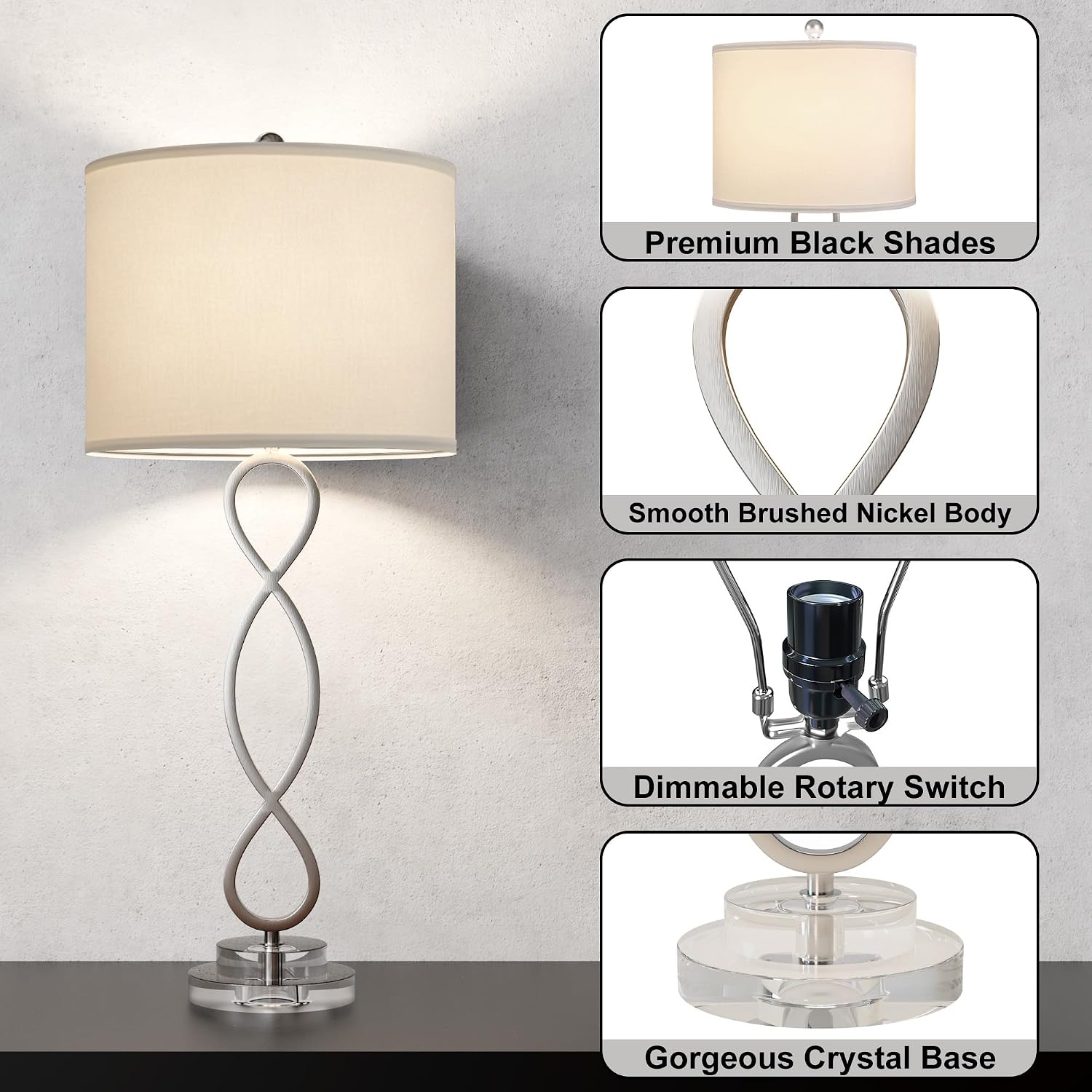 Maxax 30" Brushed Nickel Buffet Table Lamps for Bedroom Set of 2, Modern Bedside Lamp for Living Room with Crystal Base, Tall Crystal Buffet Lamp for Dinning Room End Table Lamp for Nightstand Office