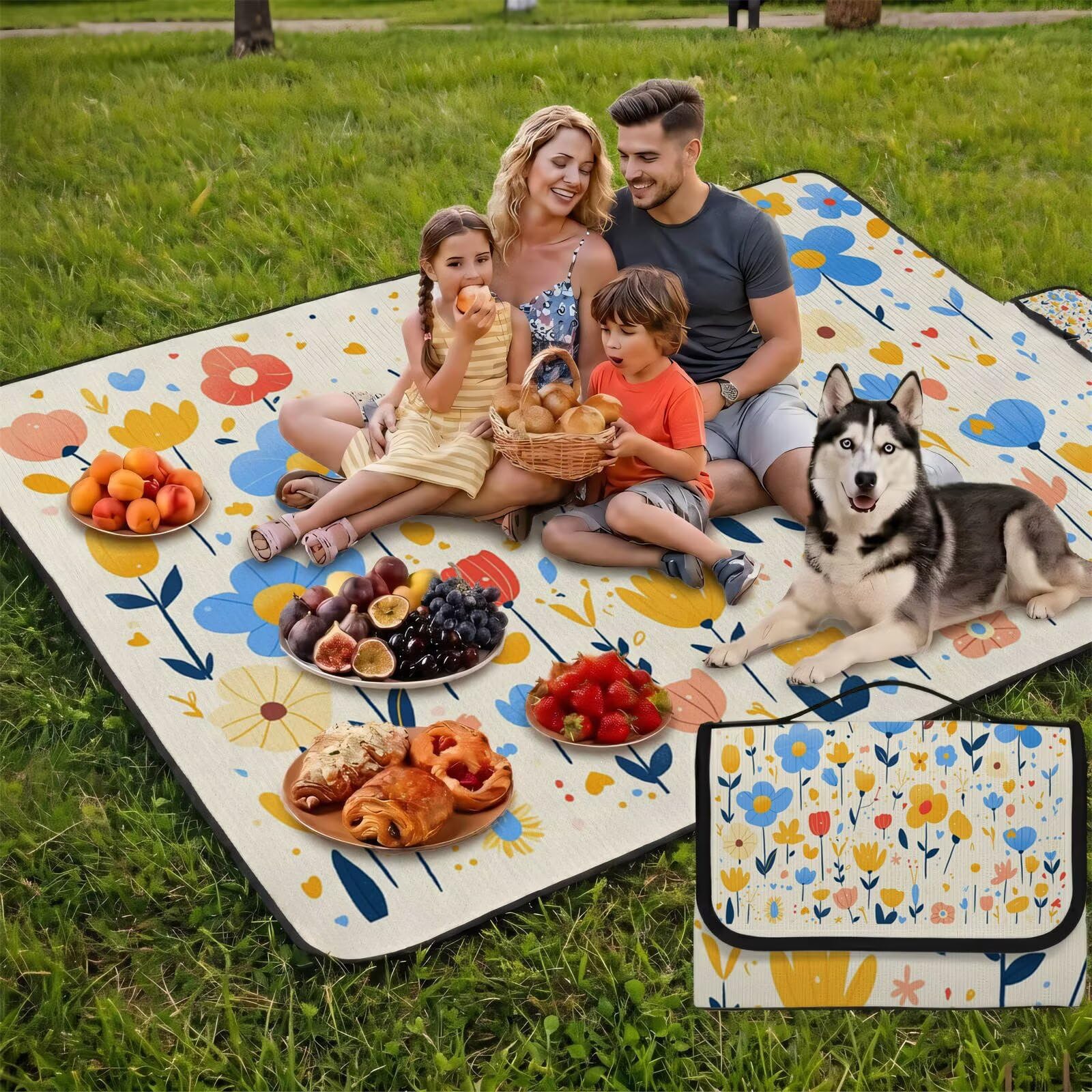 Couverture Pique Nique Grande 200x300cm,Outdoor Couverture Imperméable,Pliable Tapis de Plage Dos en PVC,Picnic Blanket pour Camping Accessoires,Jardin,Parc - Couleur crème,à Motifs Floraux UZ-830