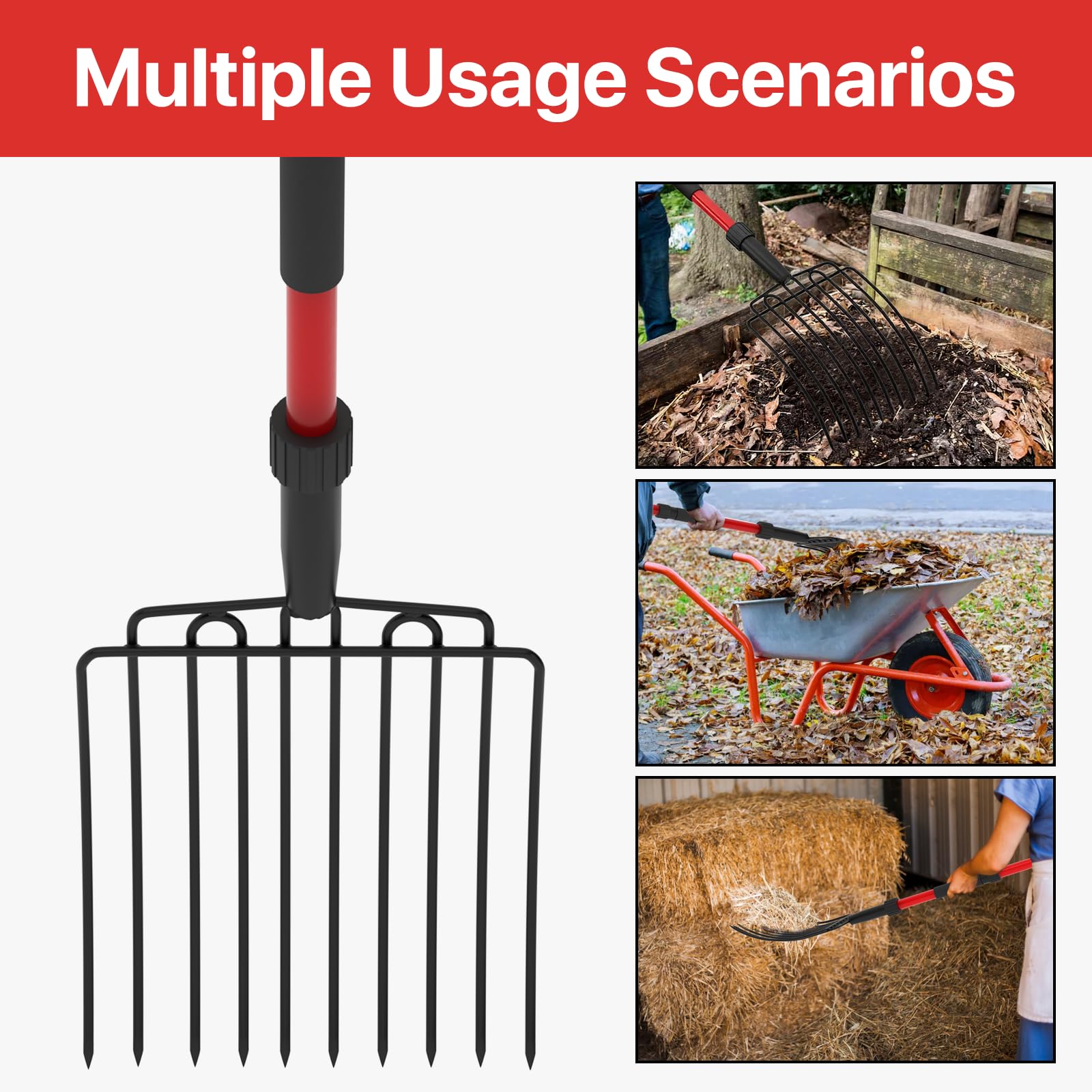 Cosita Forcone da Giardino Largo con 10 Denti in Metallo, Resistente, con Manico in Fibra di Vetro, 111 cm, per Letame, pacciamatura, compostaggio, Rosso