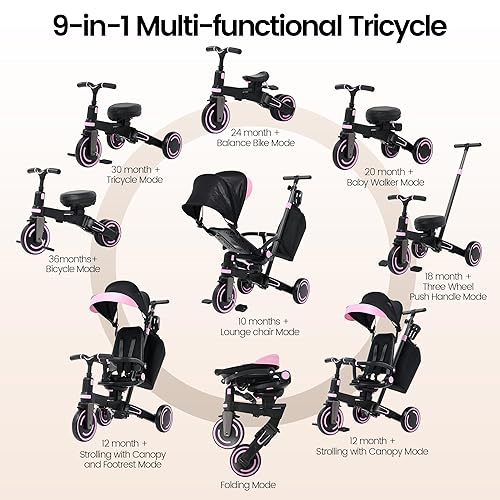 Miniatura 3 de Aneco Triciclo multifuncional 9 en 1 para bebés de 10 meses a 3 años con toldo extraíble, arnés de seguridad para asiento giratorio, freno de rueda,
