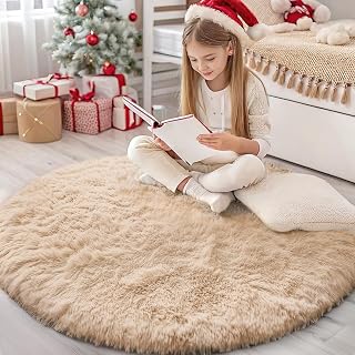 Homaxy Hochflor Waschbar Groß Teppich Wohnzimmer 160 cm Rund, Beige