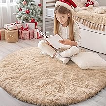 Homaxy Long Pile Rug, Non-Slip, Washable Underside, Large Carpet for Living Room, Children's Room, Bedroom - 120 cm Round, Beige