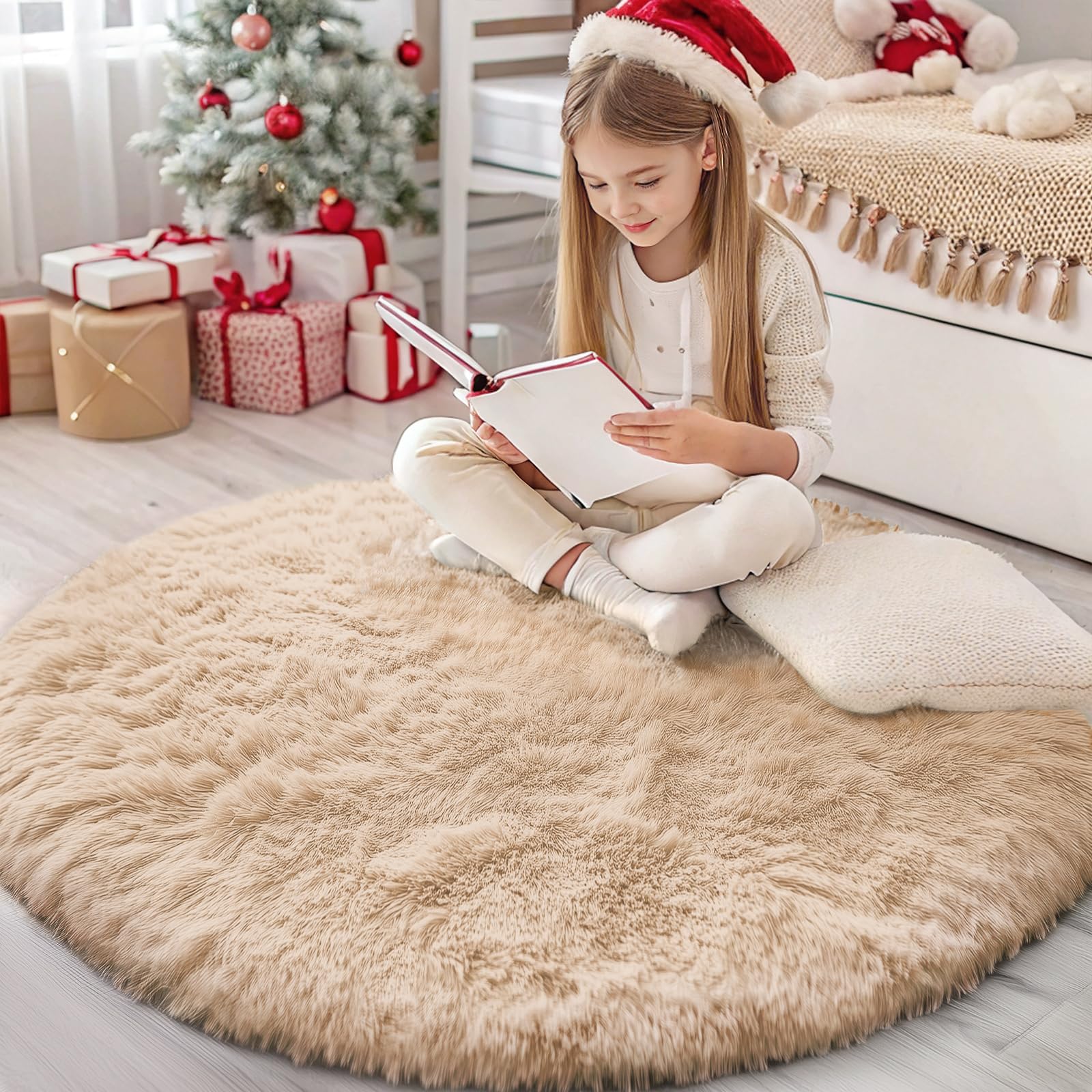 Homaxy Fluffy Shaggy Rugs Living Room, Large Anti Slip Carpet, Machine Washable Soft Thick Pile Bedside Rug for Kids Bedroom, Nursery - Beige, Round 160 cm — image 1