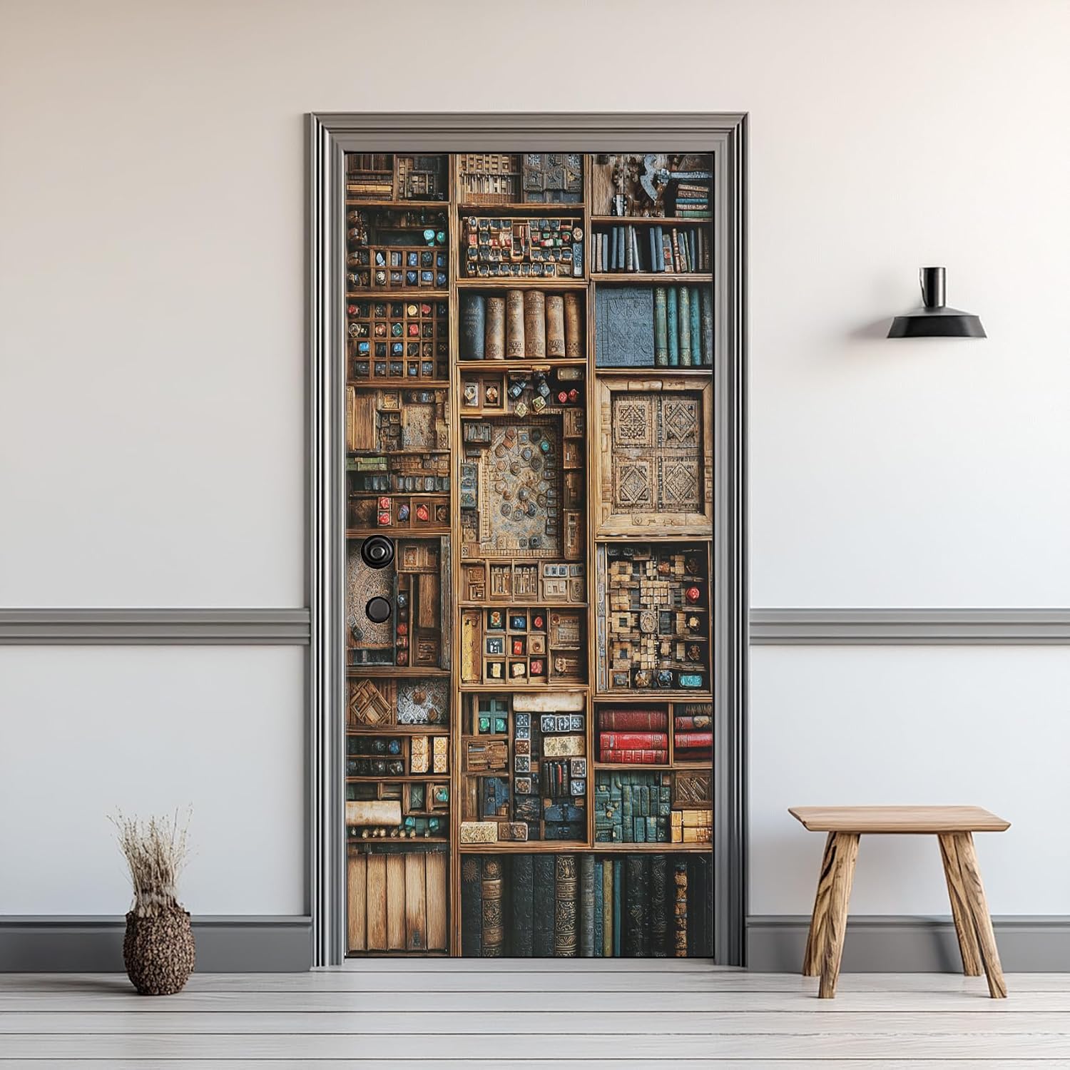 Vintage Bookshelf Door Mural, Bookcase Door Sticker, Old Book Wallpaper Peel and Stick Removable Decor, Decals Self-Adhesive PVC for Home Office 32" W x 80" L