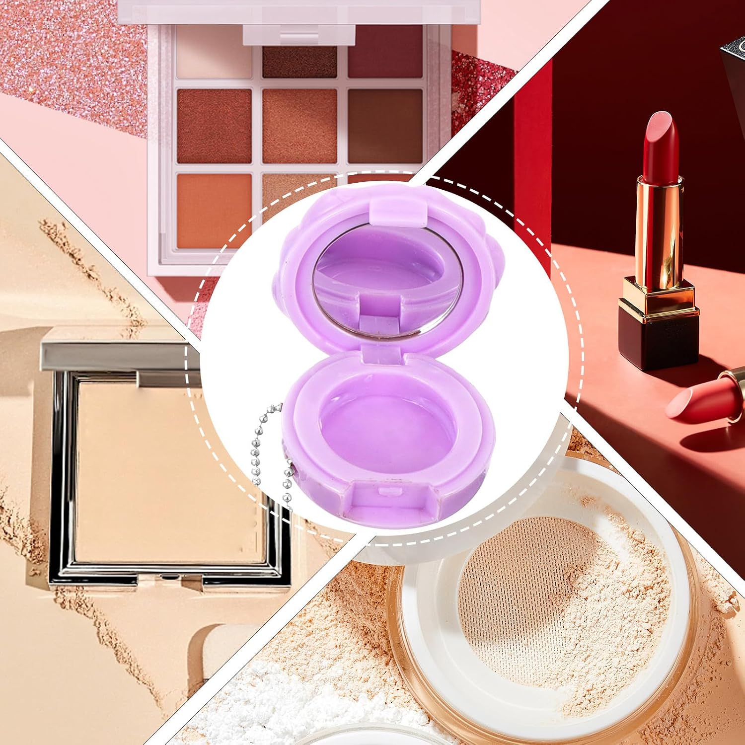 KICHOUSE 4pcs Rose Shaped Plastic Makeup Container with Mirror and Chain