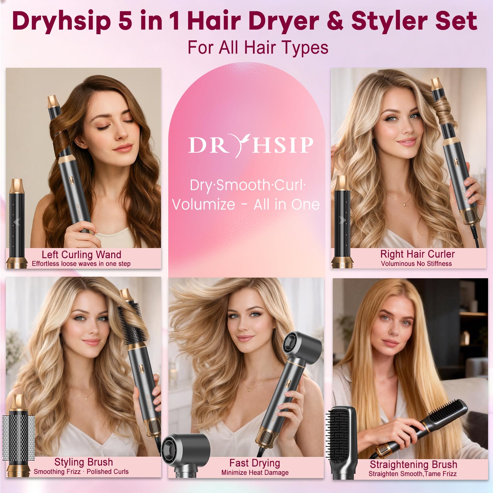 Dryhsip Warmluftbürste, 5 in 1 Hairstyler, Föhnbürste mit haartrockner für Frauen, Airstyler mit Föhn, Glätten,Lockenstab Automatisch, Haarglätter, Rundbürstenföhn,3 Temperaturen (Pearl Grey)