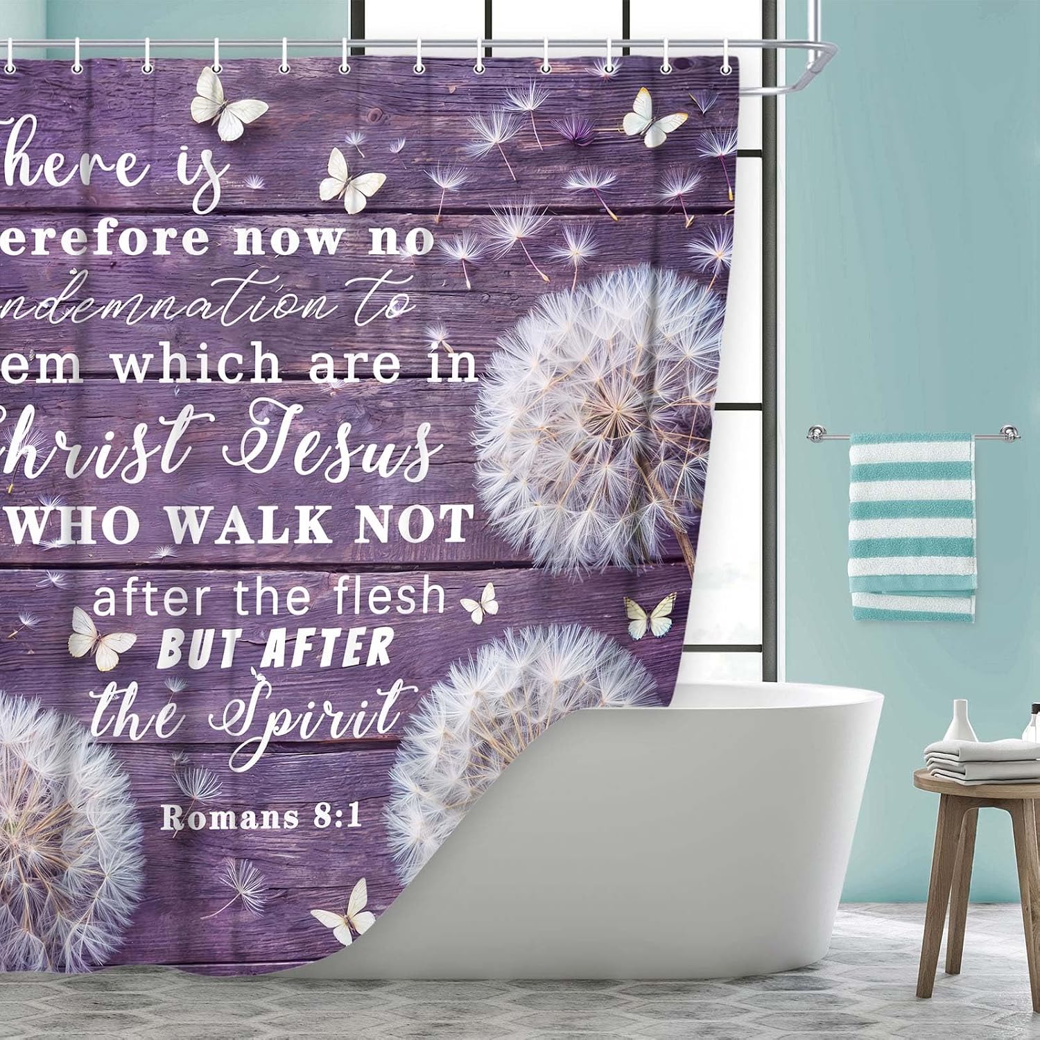 DYNH Purple Dandelion Butterfly Shower Curtain, Wooden Plank Bible Verse Christian Bathroom Decor, Fabric Shower Curtain Set with Hooks,69X70 in