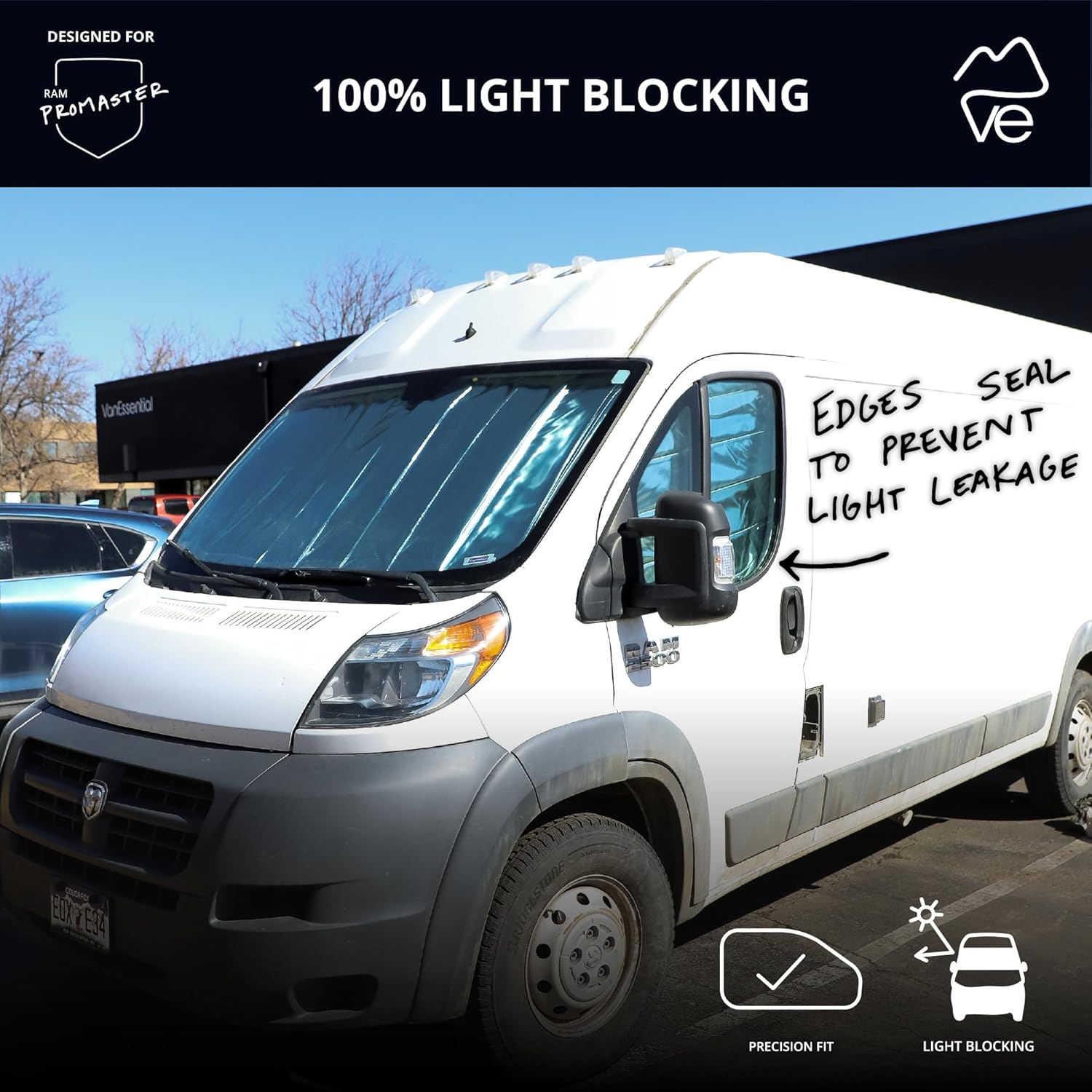 VanEssential Insulated Reflective Blackout Front Door Window Covers Designed for RAM Promaster Van Years 2014 to Current Model (Pair) - Charcoal Gray Reflective