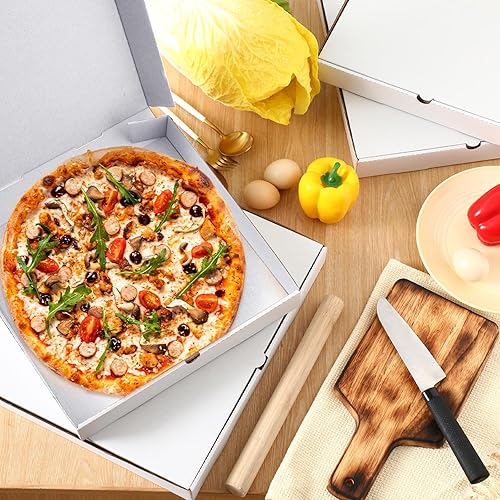 Vista 16 de PerKoop 100 cajas de pizza, cajas de cartón vacías a granel, reutilizables, grandes, cuadradas, para servir alimentos para llevar, panadería, Blanco
