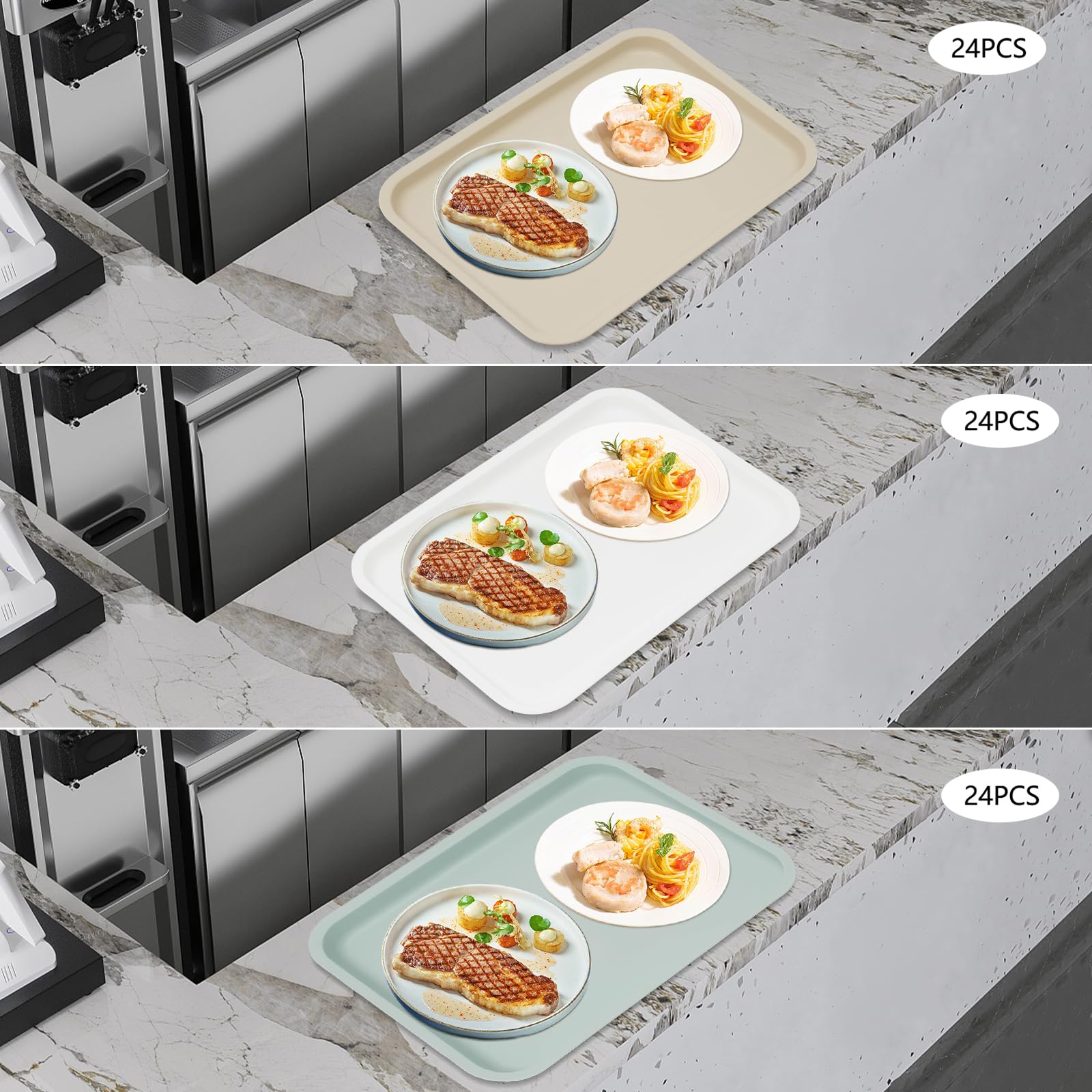 Bandeja para servir (36 x 27 cm, color caqui, bandejas rectangulares | 24 piezas, 36 x 27 cm, PP, caqui, antideslizante, apilable, microondas, lavavajillas, para cantina y comida rápida