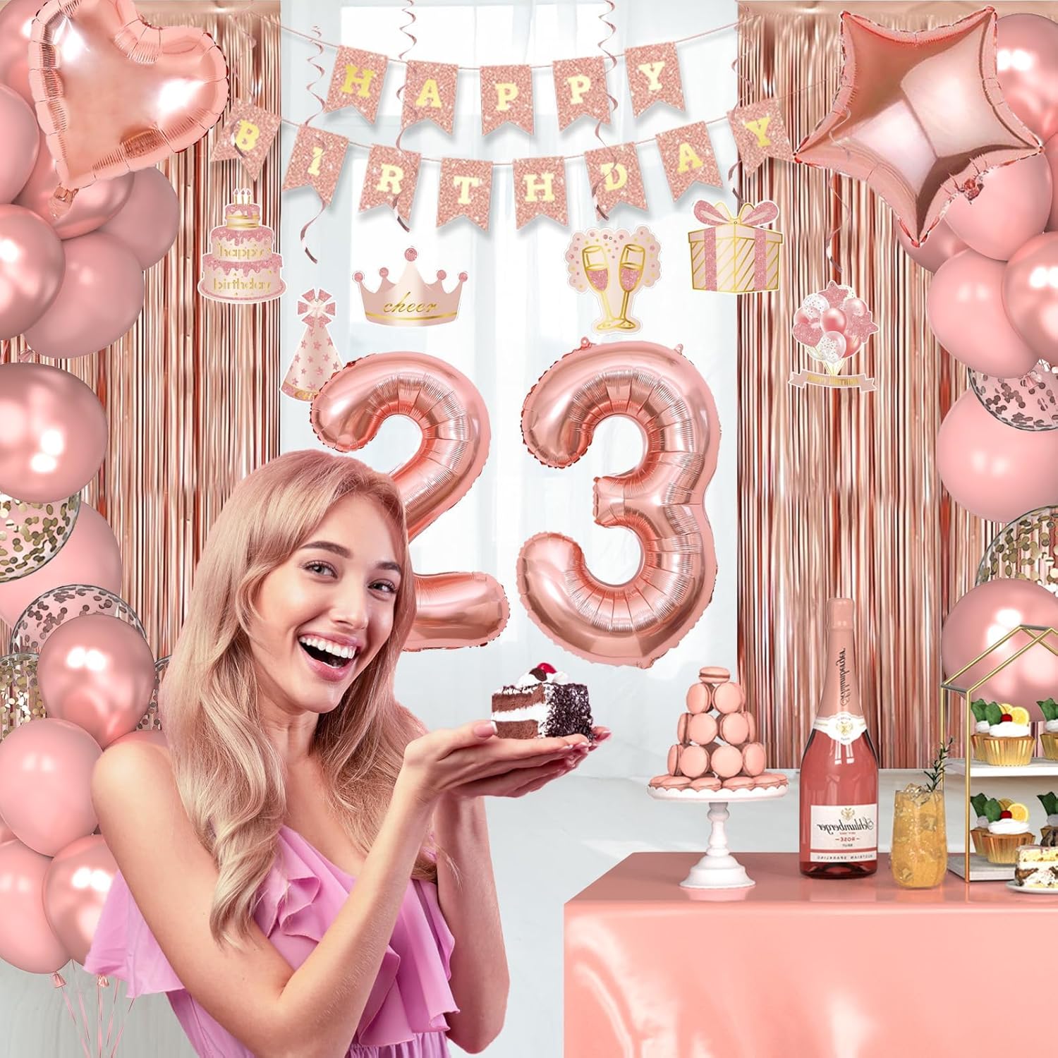 23rd Birthday Decorations for Women Girls, Happy 23 Birthday Decorations for Her, Rose Gold Birthday Party Supplies with Banner, Number Balloons, Fringe Curtains, Hanging Swirls, Foil Balloons - Image 6