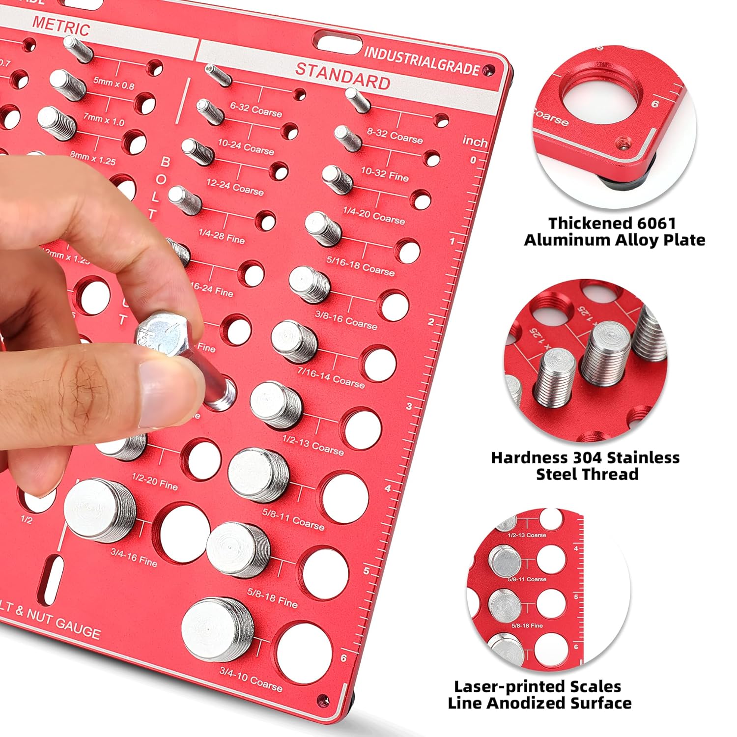 42 Nut and Bolt Thread Checker, Bolt Size and Thread Gauge, 19 Standard & 15 Metric Sizes & 8 Drill Bit Gauge Bolt and Nut Identifier Gauge with 6 Inch and 15 Centimeter Ruler Red