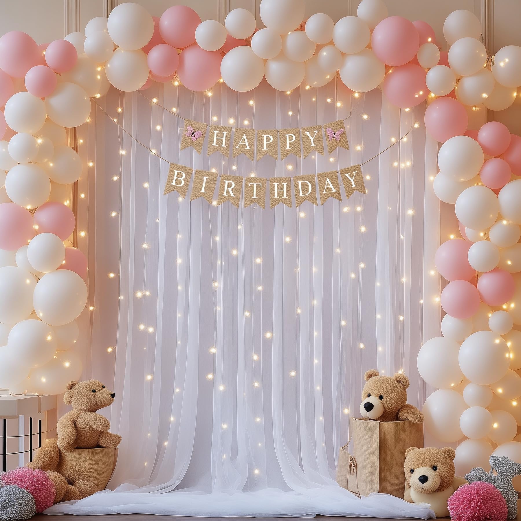 Rideau de fond en tulle blanc avec guirlande lumineuse, 3,05 x 3,05 m pour mariages, baby showers, fêtes d'anniversaire, toile de fond transparente infroissable, facile à installer, décorations