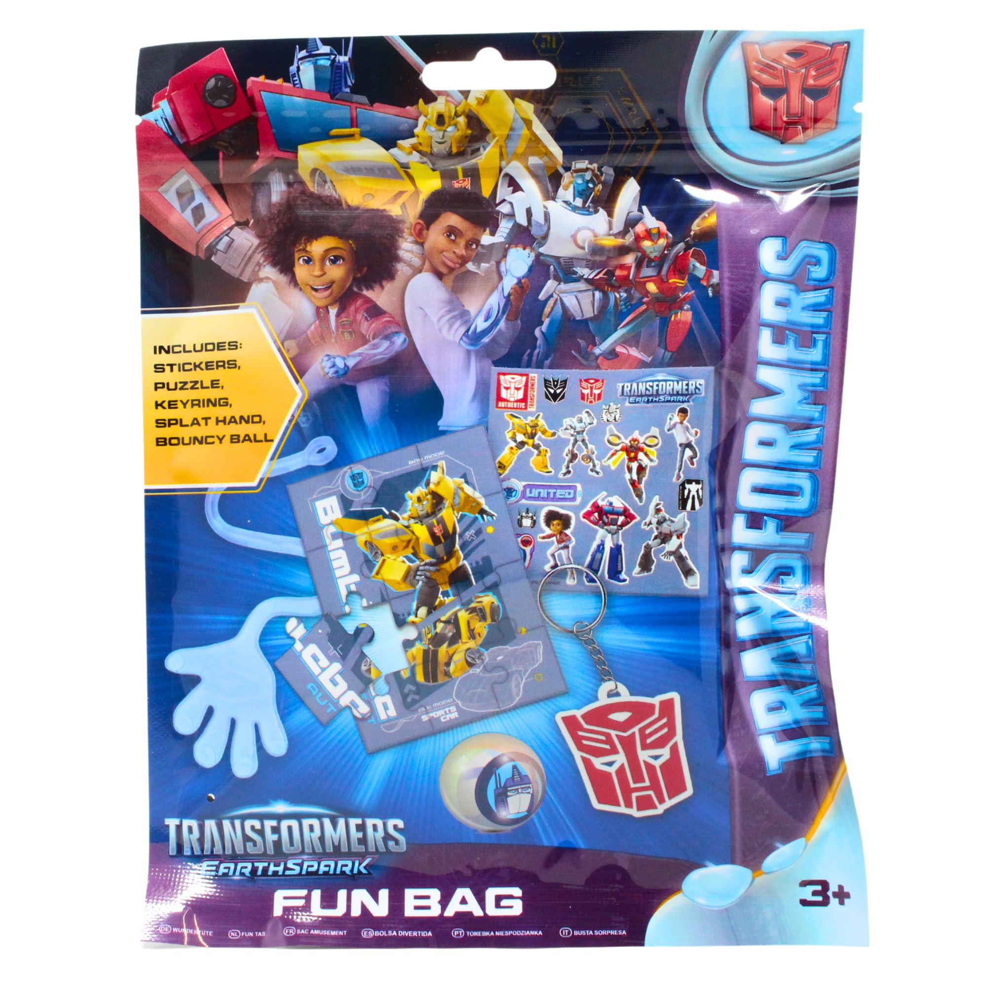 Transformers EarthSpark 5-Piece Fun Bag - Includes Stickers, Puzzle, Keyring, Splat Hand, & Bouncy Ball, Multicolour