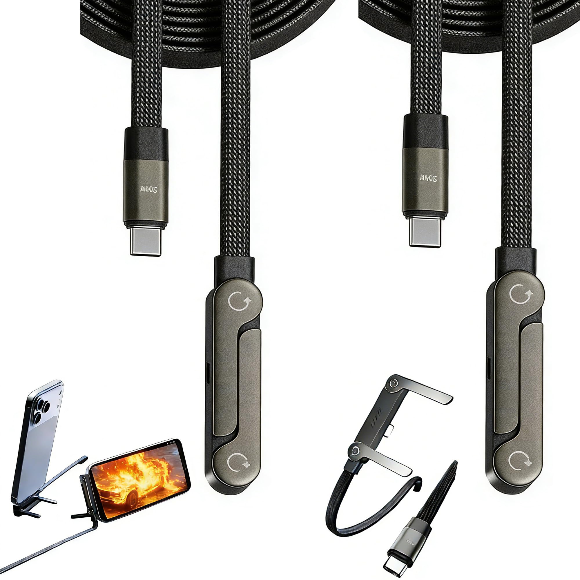 Cavo di ricarica rapida da 240 W con supporto, supporto per telefono regolabile integrato, cavo di ricarica super veloce PD da 240 W, cavo di tipo C intrecciato resistente con supporto