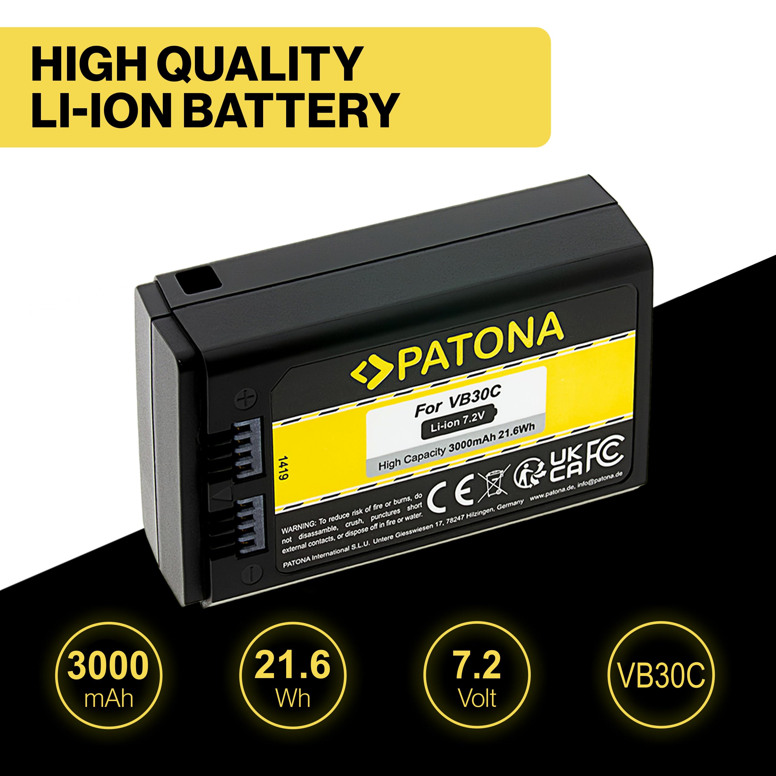 PATONA VB30 Batería 3000mAh con Carga USB-C – sustituye Godox VB30 – para Flashes Godox V1, V1 Pro, V850III, V860III, AD100Pro, WB100 – más Destellos por sesión, Carga sin Cargador
