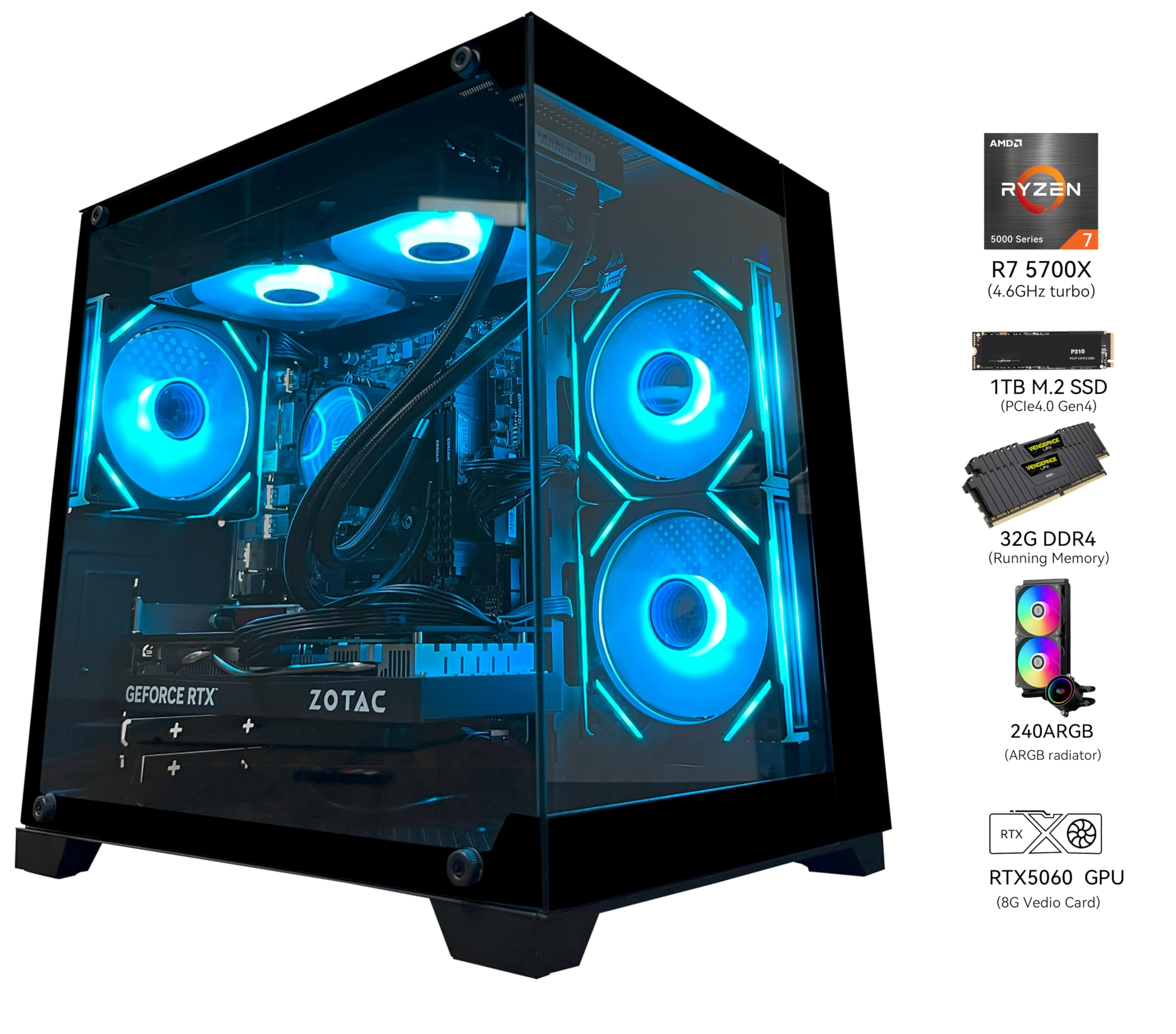 Gaming PC Desktop Computer, Ryzen 7 5700X,RTX 5060,32GB DDR4 RAM and 1TB M.2 NVMe SSD, 240 Liquid Cooler, ARGB Fans,Game Design Office
