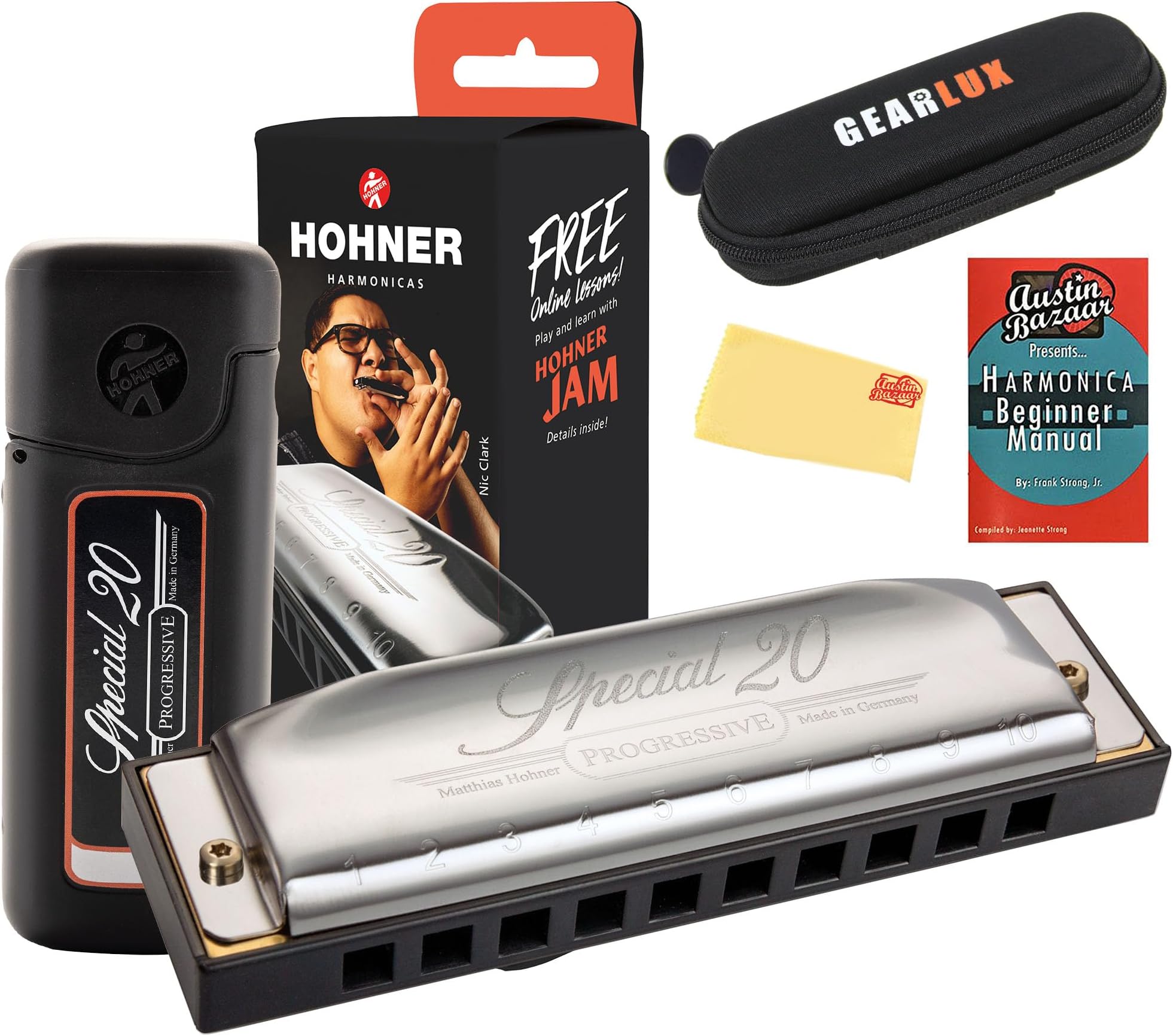 Hohner Special 20 Harmonica - Key of B Bundle with Case, Pouch, Online Manual, and Austin Bazaar Polishing Cloth