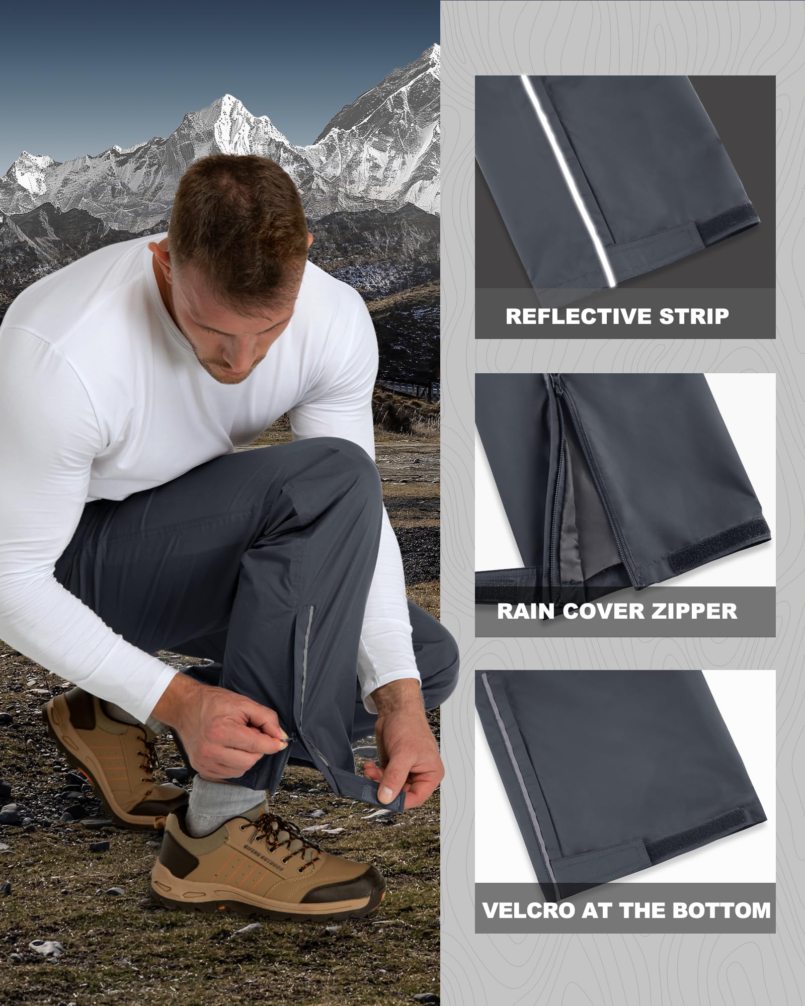 Outdoor Ventures Pantalon de pluie pour homme - Imperméable - Respirant - Coupe-vent - Pantalon de randonnée - Léger - Pliable, gris foncé, W46