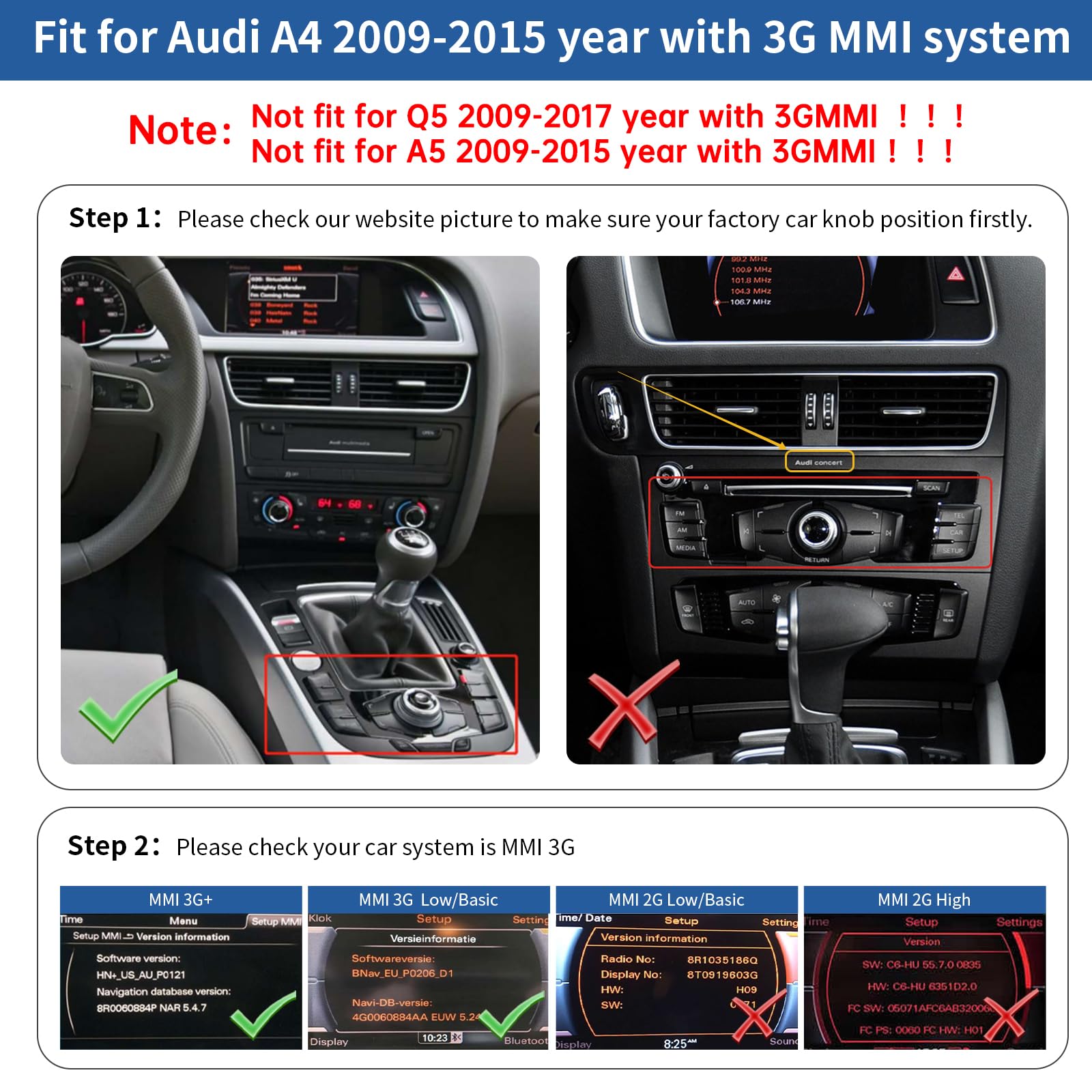 Road Top Radio de Coche Pantalla Táctil de 8,9 Pulgadas Inalámbrica CarPlay Android Auto para Audi A4 2009-2015 Año con 3GMMI, Soporte Navegación, Mirrorlink