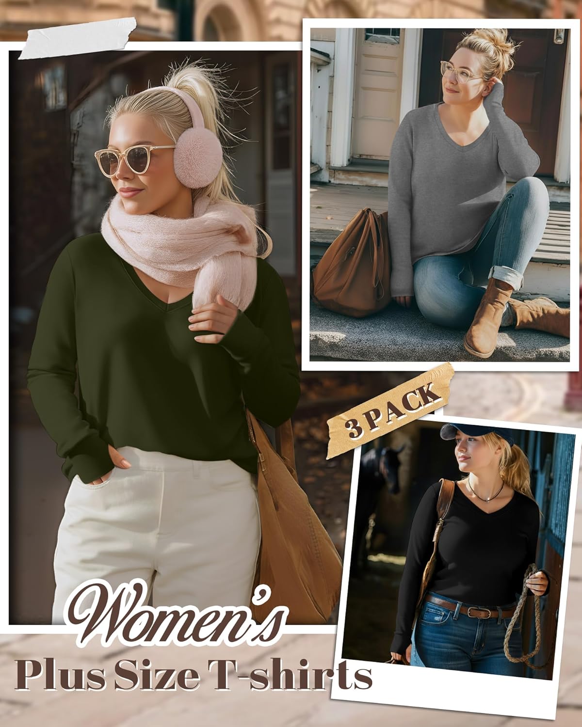 Huukeay 3 Pack Women's Plus Size Long Sleeve Shirts Thumb Holes V Neck Tunic Tops Loose Fit Curved Hem Casual 2026 Y2k Tees - Image 2