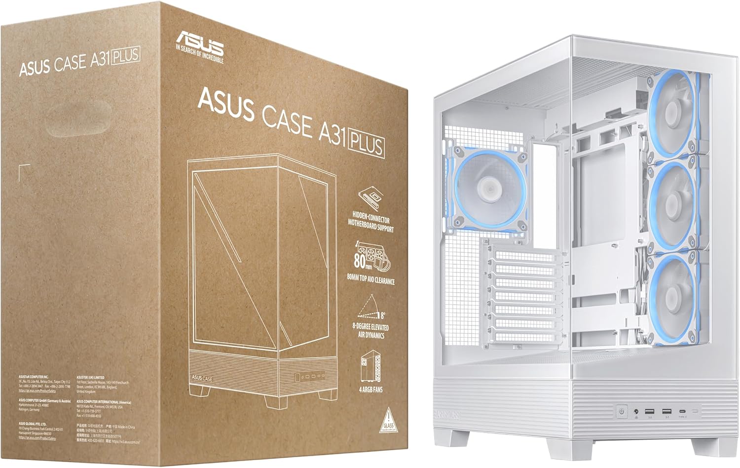 Bílá skříň ASUS A31 Plus ATX a její maloobchodní balení