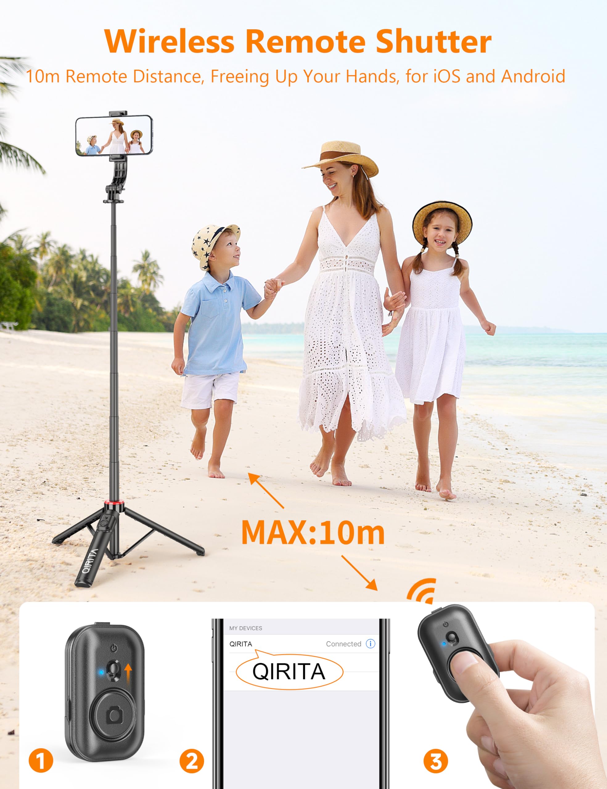 Perche à Selfie Trépied 130 Cm Avec Télécommande - Stable, Rotatif 360° Et Compatible IPhone Android GoPro