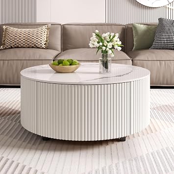29.5" Round Wooden Coffee Table with Sintered Stone Top & Smooth-Moving Casters, Modern Round Coffee Table with 2 Storage Drawers, Luxury Fluted Center Table for Living Room Apartment Office, White