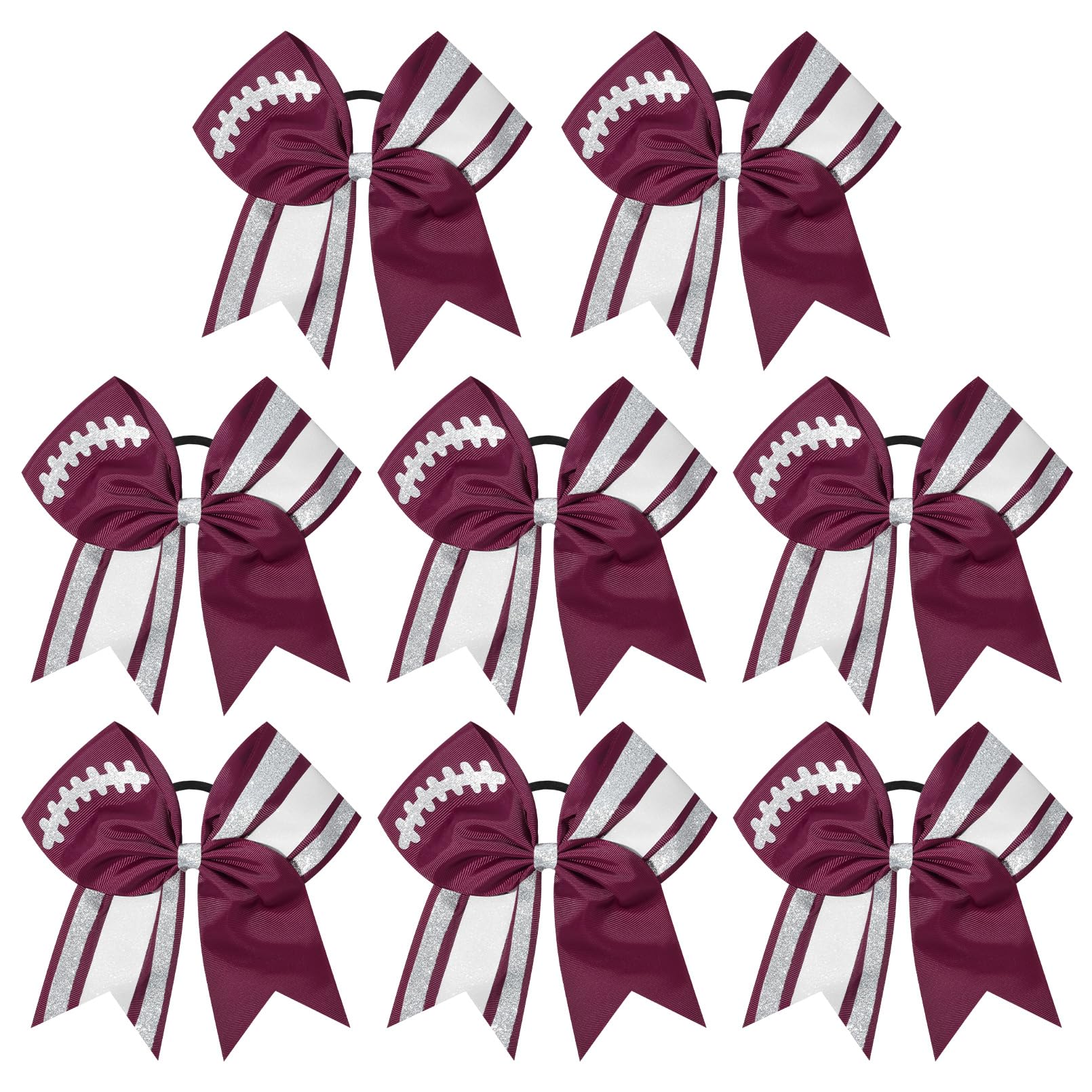 DEEKA 8 PCS Football Cheer Bows with Glitter Laces and Stripes Cheerleader Sports Team Bows Elastic Band for Cheerleading Girls (Maroon+Glitter Silver