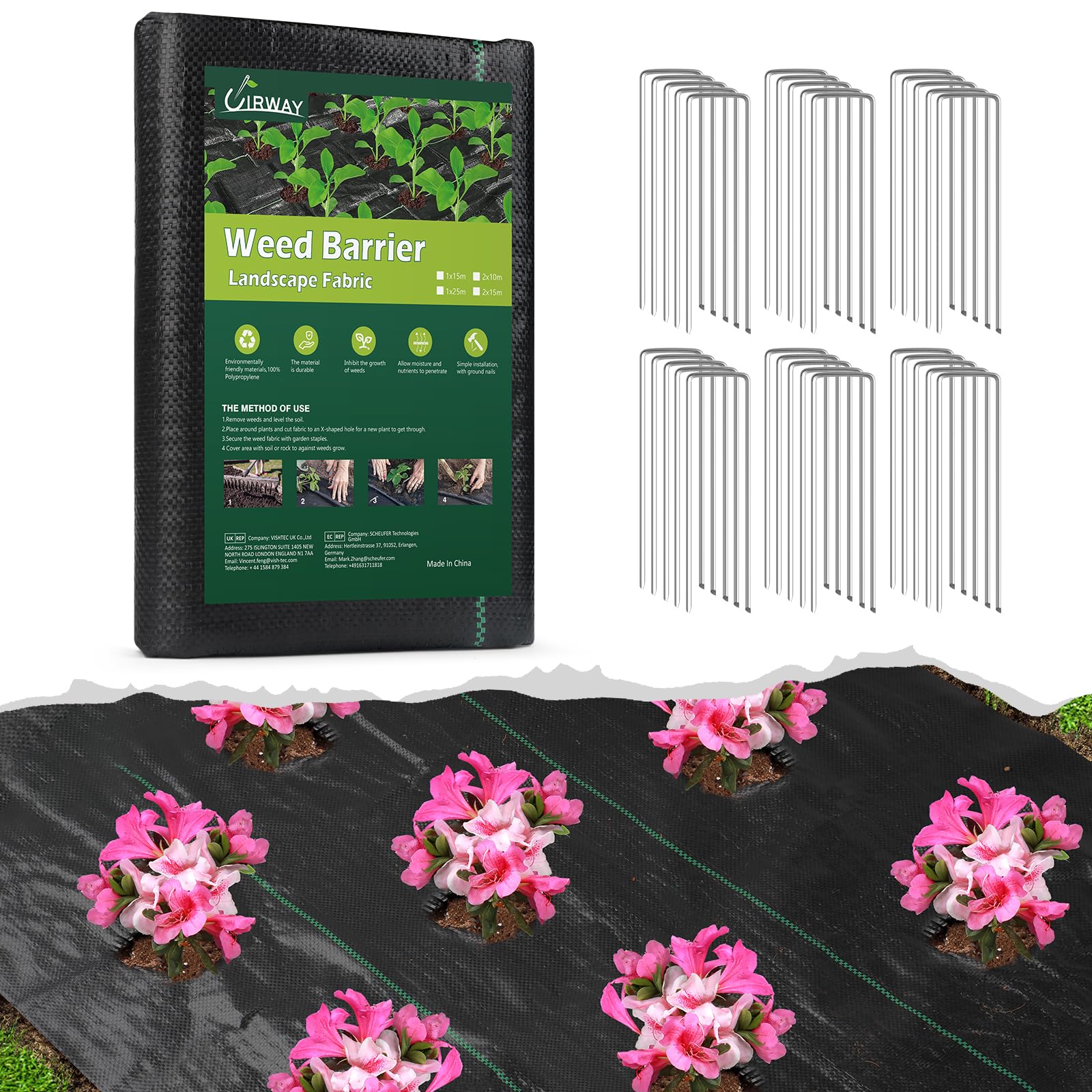 Photo 1 of UIRWAY Weed Barrier Landscape Fabric, 4×100ft Heavy Duty 3.2oz Weed Control Barrier Landscape Fabric with 20Pcs Pegs, Weed Control Block Ground Cover Mat for Garden Weed, Patios, Farming, Driveway