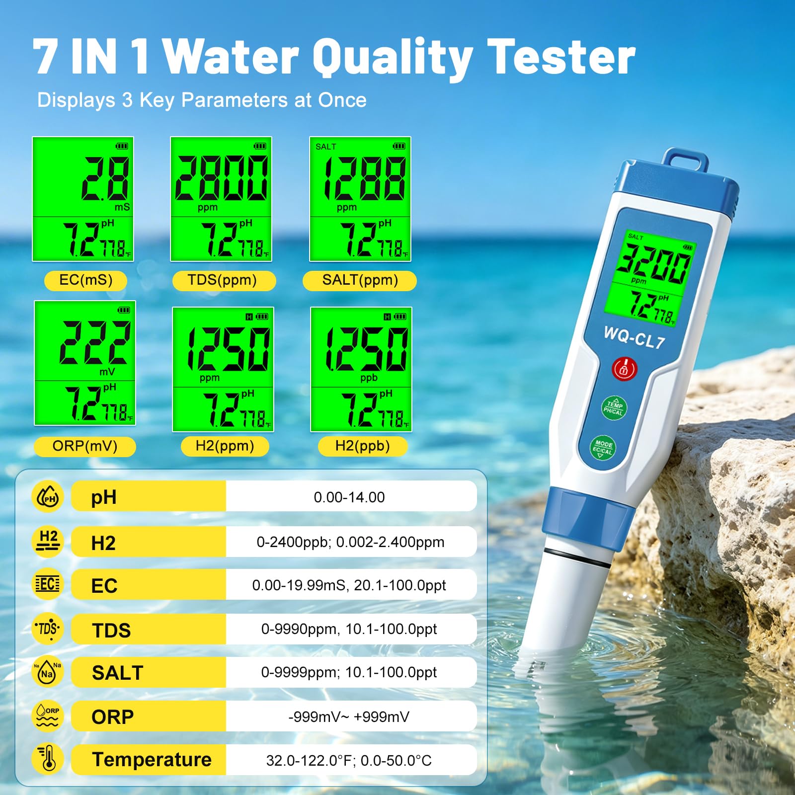 Salzgehalt pH Pool Messgerät, Salzgehalt Pool Messen für Salzwass Pool, 7 in 1 pool Wassertester TDS ORP Messgerät für Salzwasser Chlor Pool, Aquarium, Whirlpool