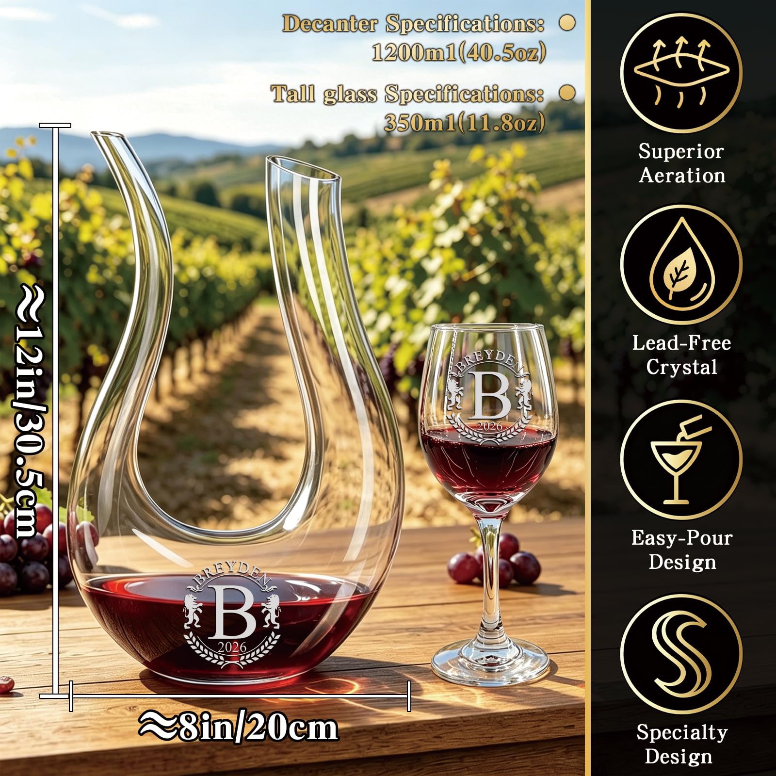 Juego de decantador de vino grabado personalizado, jarra de vino de cisne en forma de U, aireador de vino soplado a mano, regalo para el día del padre y cumpleaños