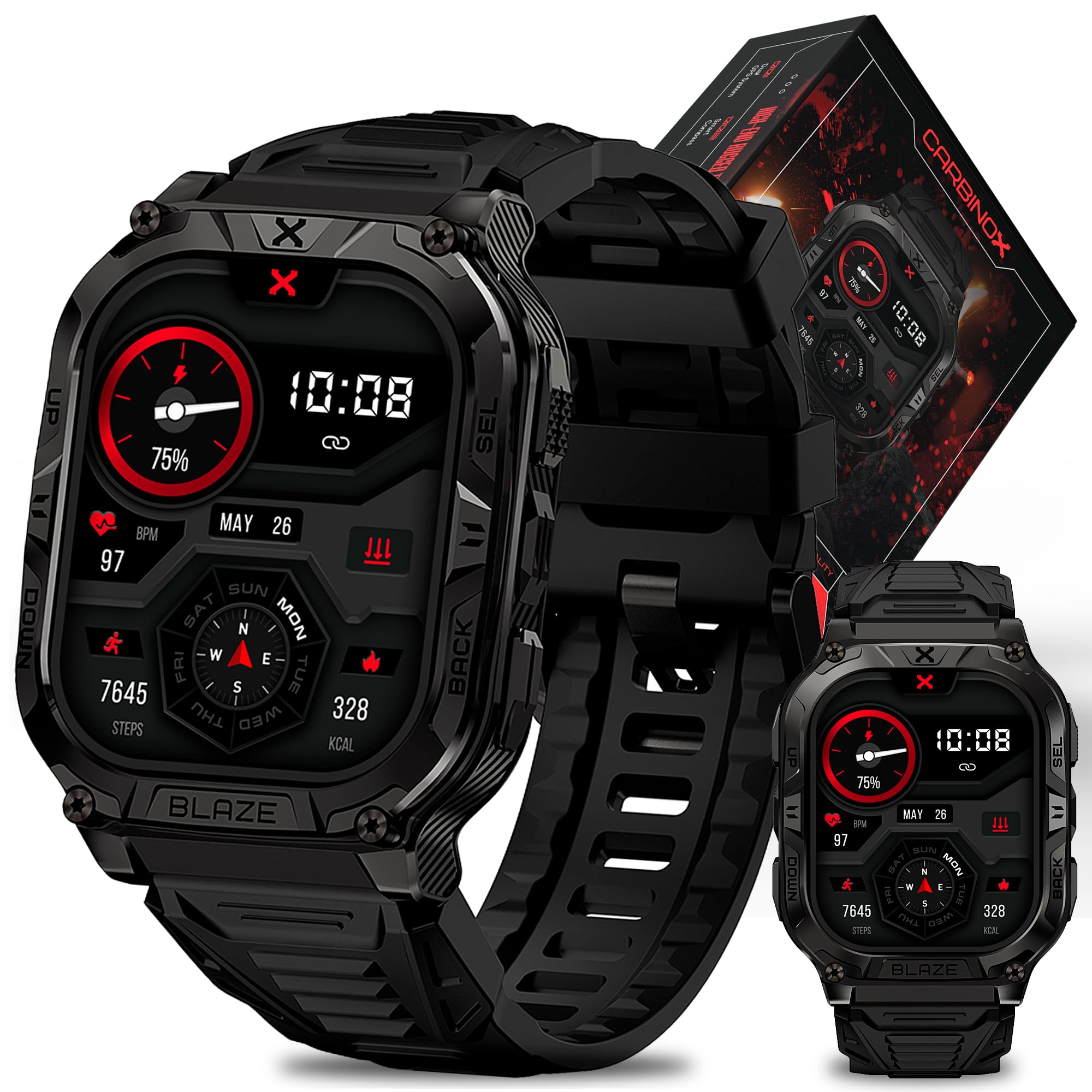 CARBINOX Blaze Smart Watch with GPS Rugged Fitness Trackers IP69K Waterproof 170 Sports Modes Gorilla Glass Make Receive