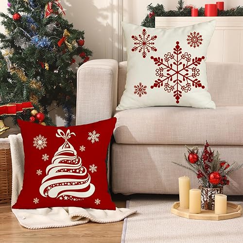 Miniatura 4 de RABUSOFA Juego de 2 fundas de almohada de Navidad de 20 x 20 pulgadas, almohadas decorativas para árbol de Navidad, fundas de almohada de copos de